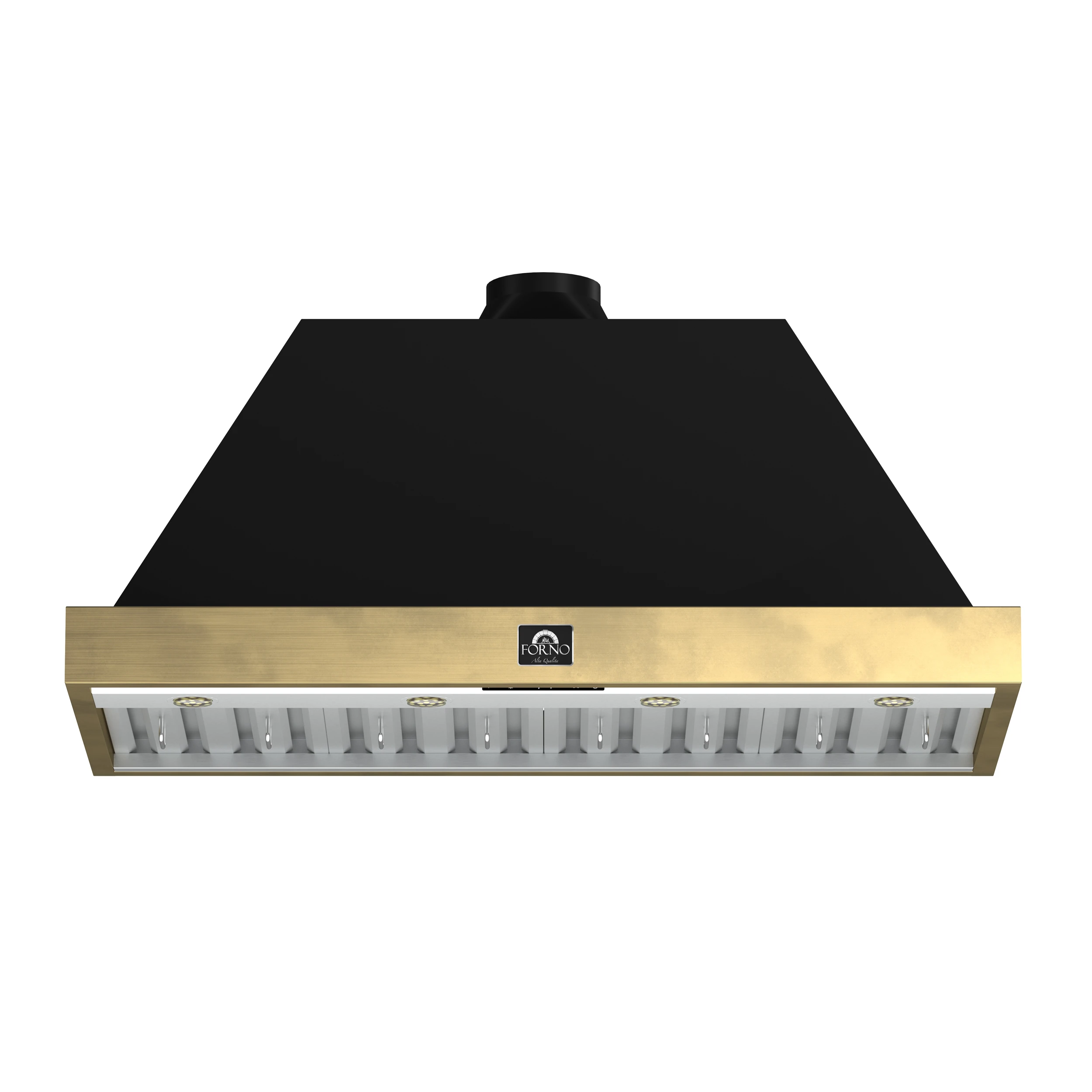 Vittorio 48-Inch Wall Mount Range Hood, Black with Antique Brass Trim, 600 CFM Airflow, Dishwasher-Safe Baffle Filters, Remote Control, 3-Speed Fan, Bright LED Lighting. FRHWM507848BLK