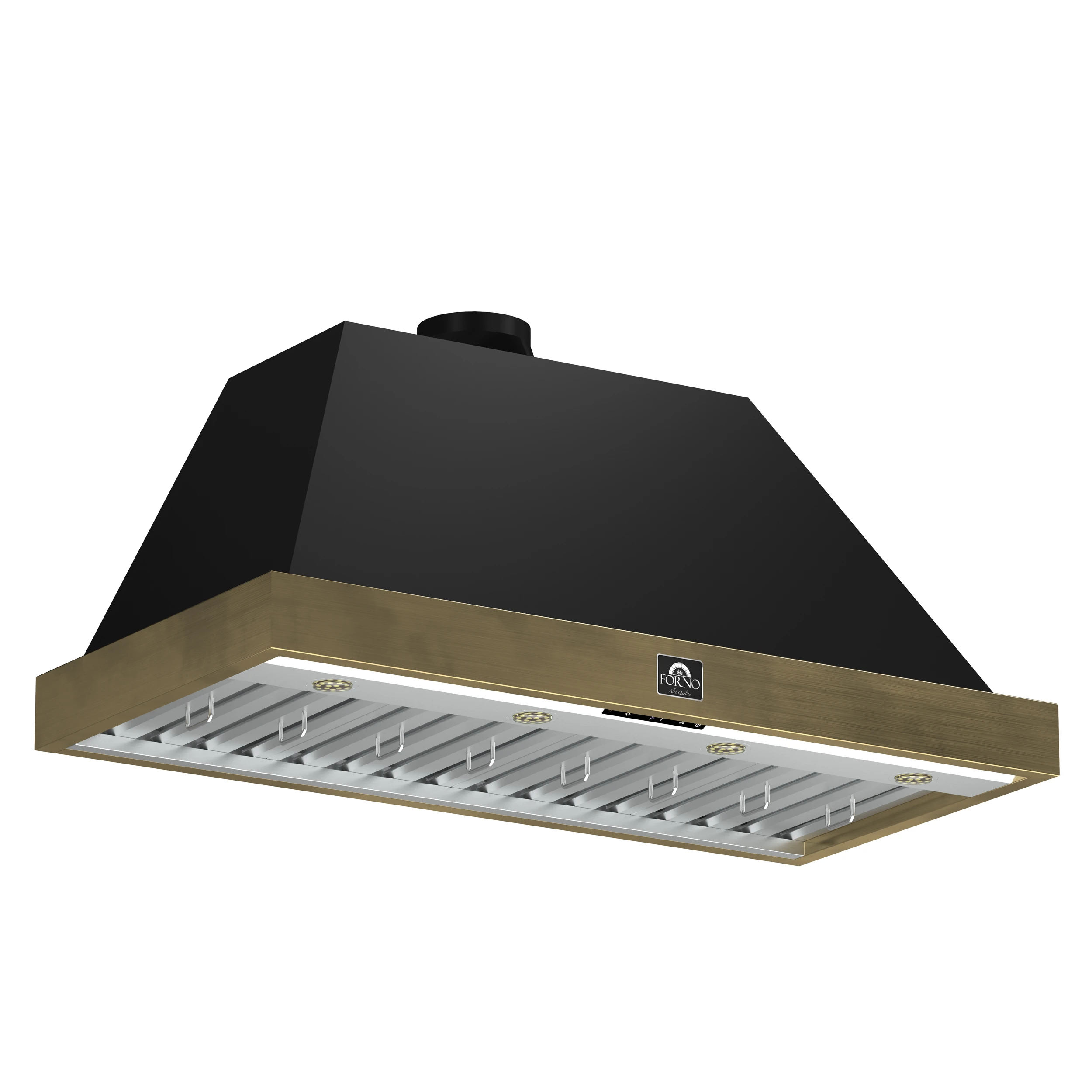 Vittorio 48-Inch Wall Mount Range Hood, Black with Antique Brass Trim, 600 CFM Airflow, Dishwasher-Safe Baffle Filters, Remote Control, 3-Speed Fan, Bright LED Lighting. FRHWM507848BLK