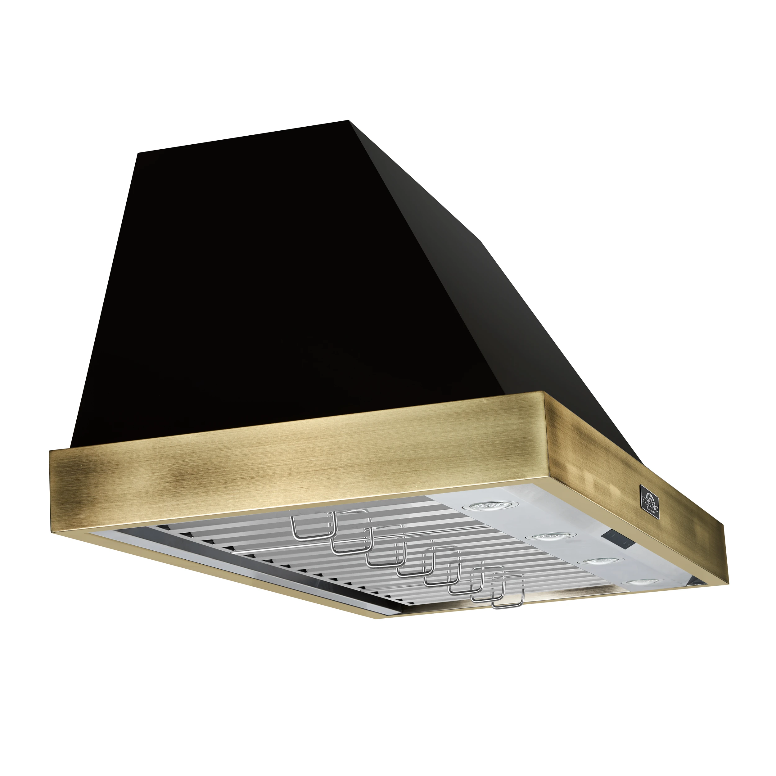 Vittorio 48-Inch Wall Mount Range Hood, Black with Antique Brass Trim, 600 CFM Airflow, Dishwasher-Safe Baffle Filters, Remote Control, 3-Speed Fan, Bright LED Lighting. FRHWM507848BLK