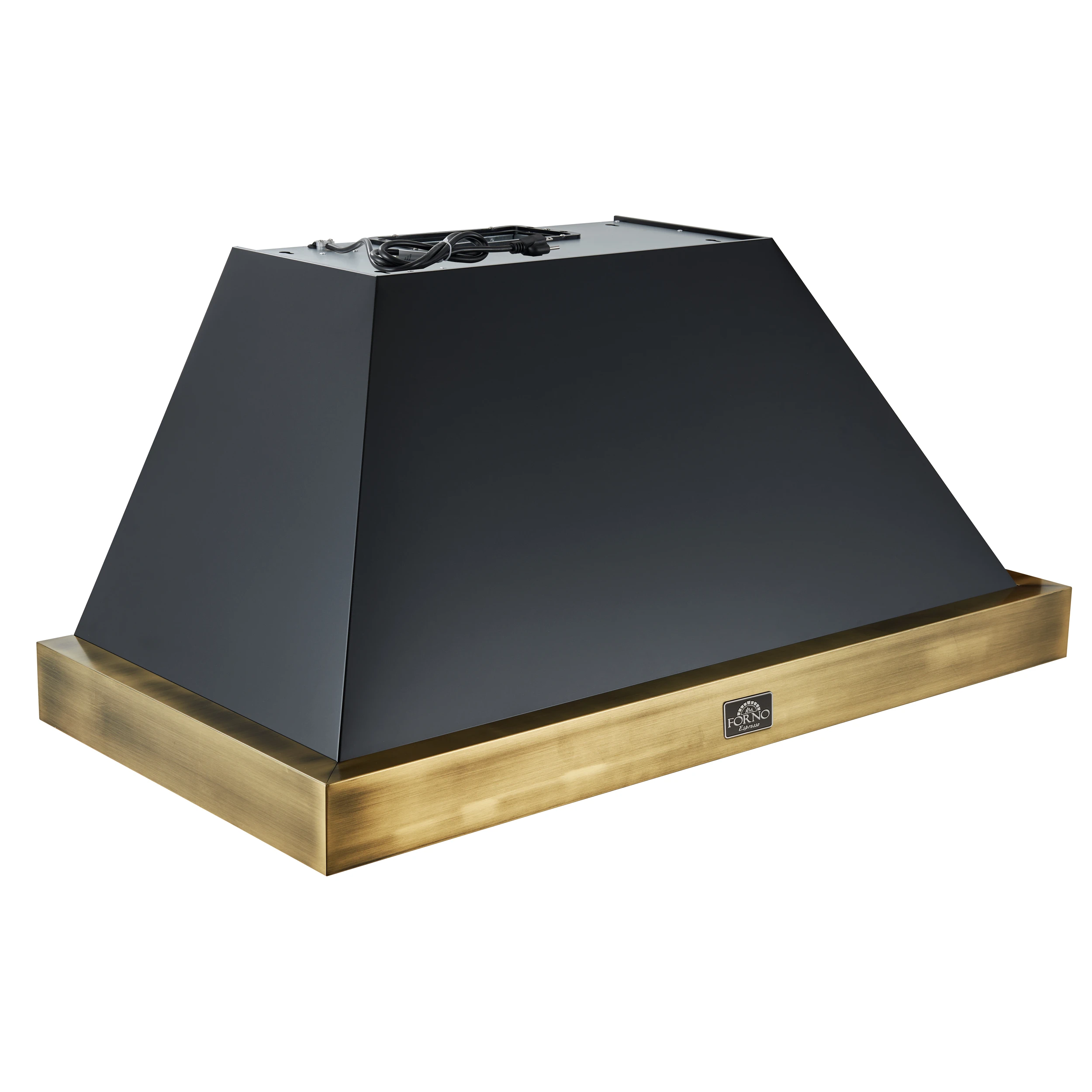 Vittorio 48-Inch Wall Mount Range Hood, Black with Antique Brass Trim, 600 CFM Airflow, Dishwasher-Safe Baffle Filters, Remote Control, 3-Speed Fan, Bright LED Lighting. FRHWM507848BLK
