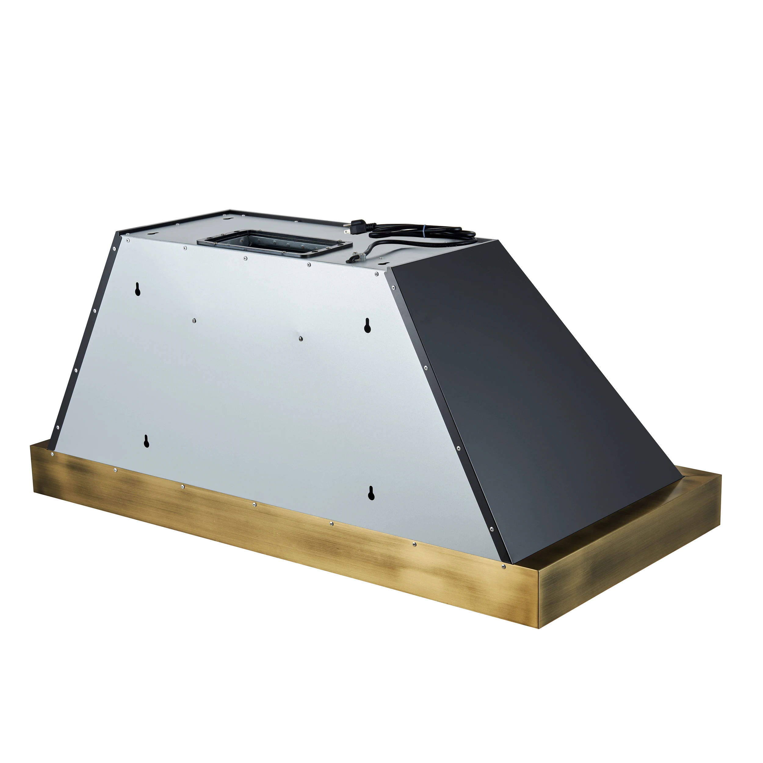 Vittorio 48-Inch Wall Mount Range Hood, Black with Antique Brass Trim, 600 CFM Airflow, Dishwasher-Safe Baffle Filters, Remote Control, 3-Speed Fan, Bright LED Lighting. FRHWM507848BLK