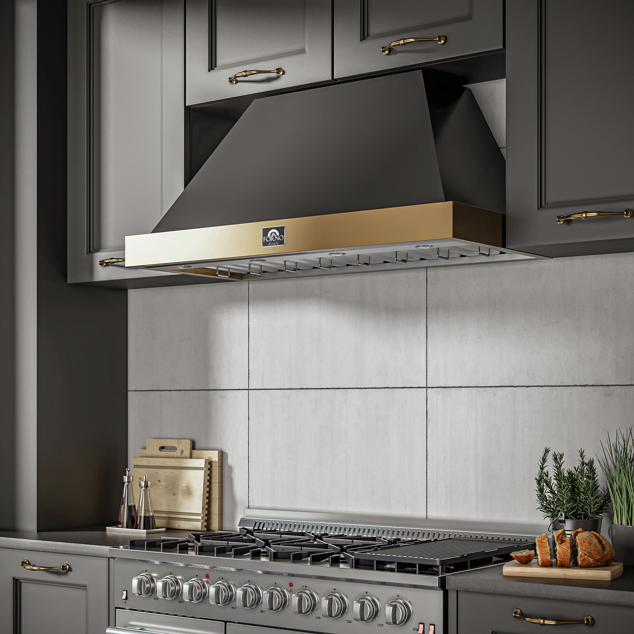 Vittorio 48-Inch Wall Mount Range Hood, Black with Antique Brass Trim, 600 CFM Airflow, Dishwasher-Safe Baffle Filters, Remote Control, 3-Speed Fan, Bright LED Lighting. FRHWM507848BLK