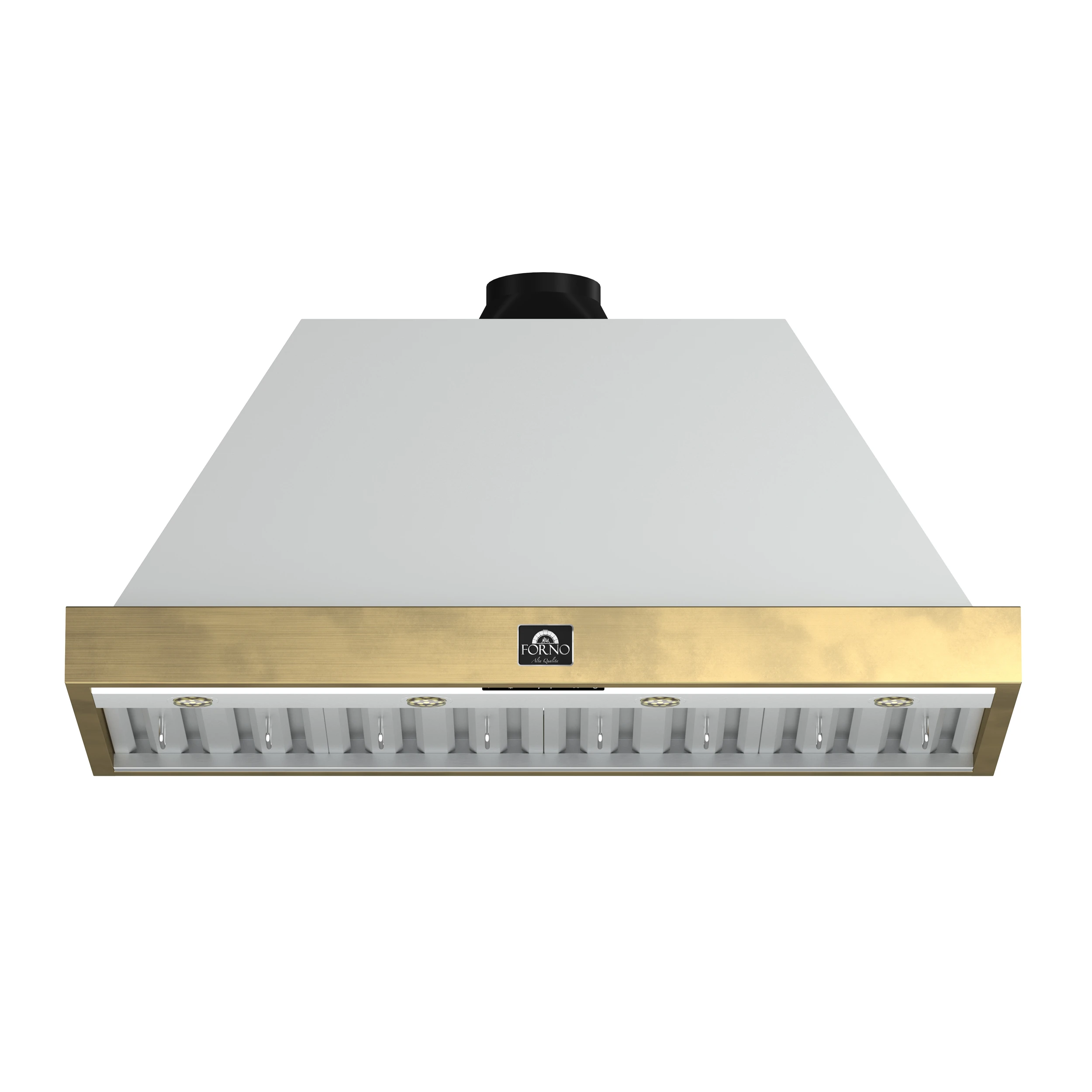 Vittorio 48-Inch Wall Mount Range Hood, White with Antique Brass Trim, 600 CFM Airflow, Dishwasher-Safe Baffle Filters, Remote Control, 3-Speed Fan, Bright LED Lighting FRHWM507848WHT