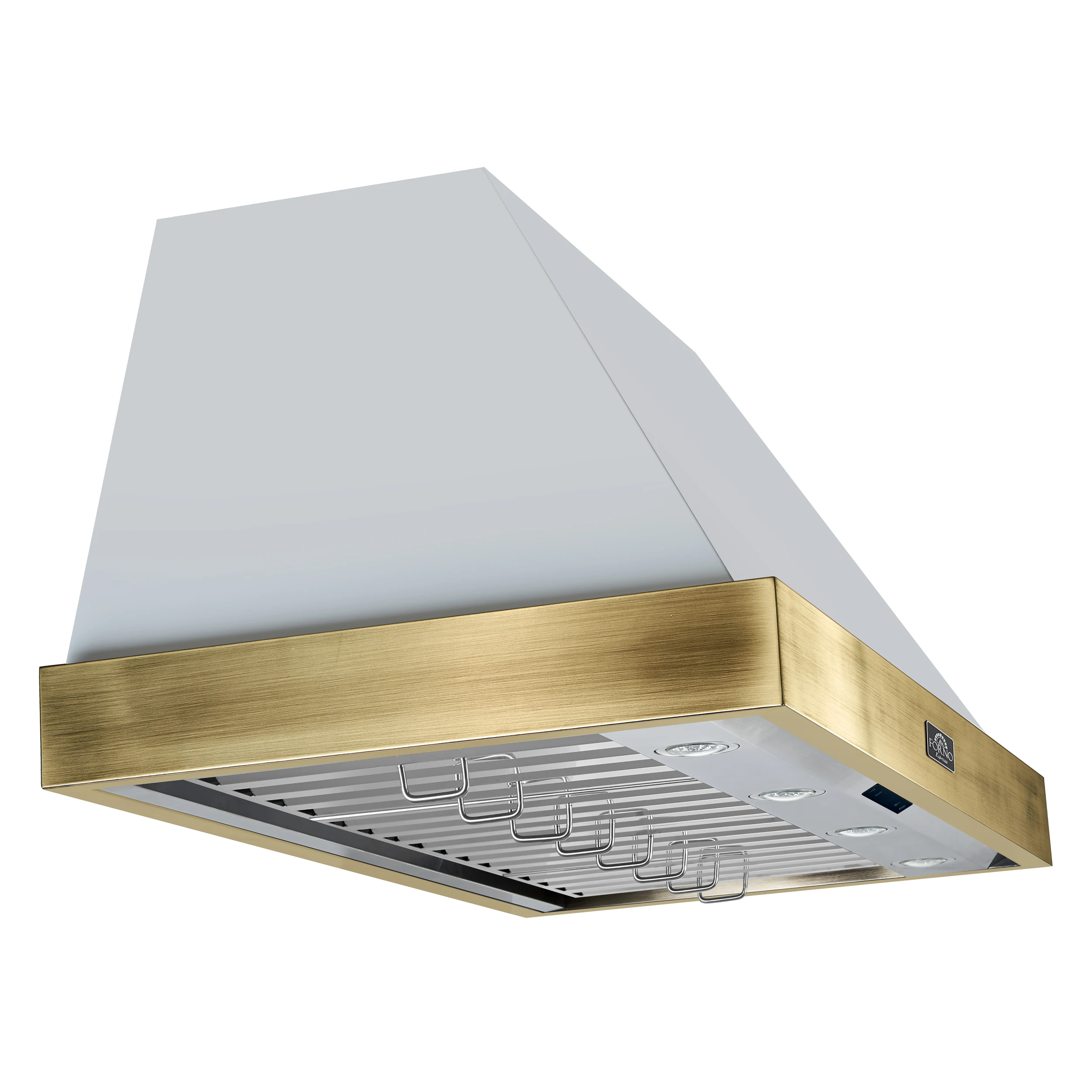 Vittorio 48-Inch Wall Mount Range Hood, White with Antique Brass Trim, 600 CFM Airflow, Dishwasher-Safe Baffle Filters, Remote Control, 3-Speed Fan, Bright LED Lighting FRHWM507848WHT