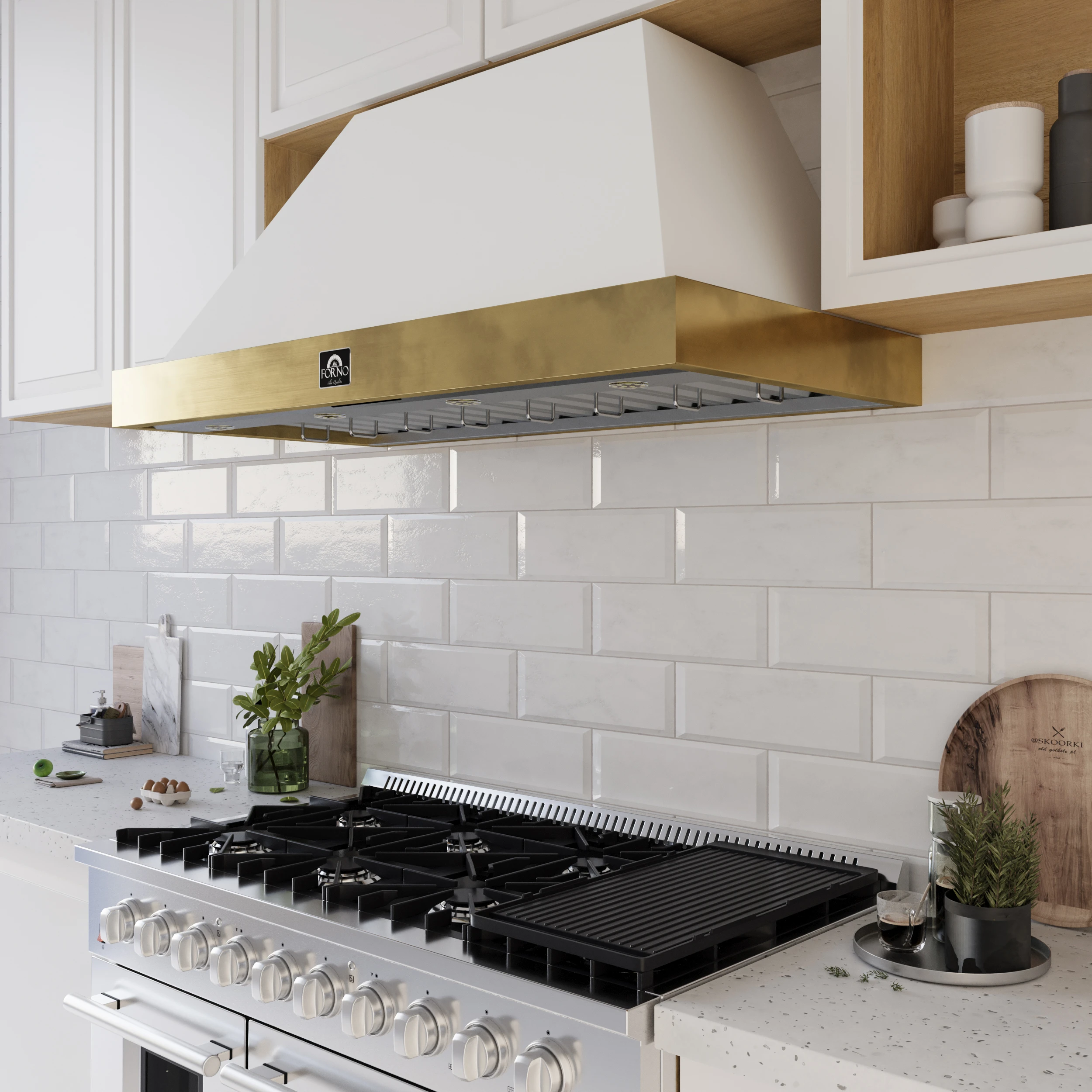 Vittorio 48-Inch Wall Mount Range Hood, White with Antique Brass Trim, 600 CFM Airflow, Dishwasher-Safe Baffle Filters, Remote Control, 3-Speed Fan, Bright LED Lighting FRHWM507848WHT