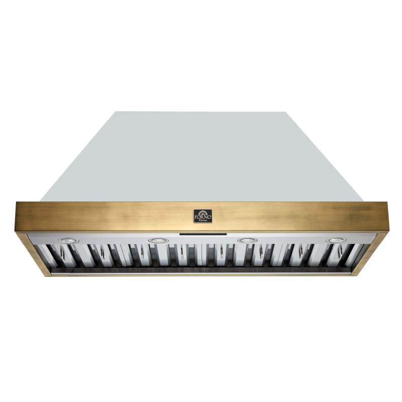 FORNO Vittorio 48″ Wall Mount Range Hood in Black & Antique Brass Trim, 600 CFM with Baffle Filters & Remote Control FRHWM507848WHT