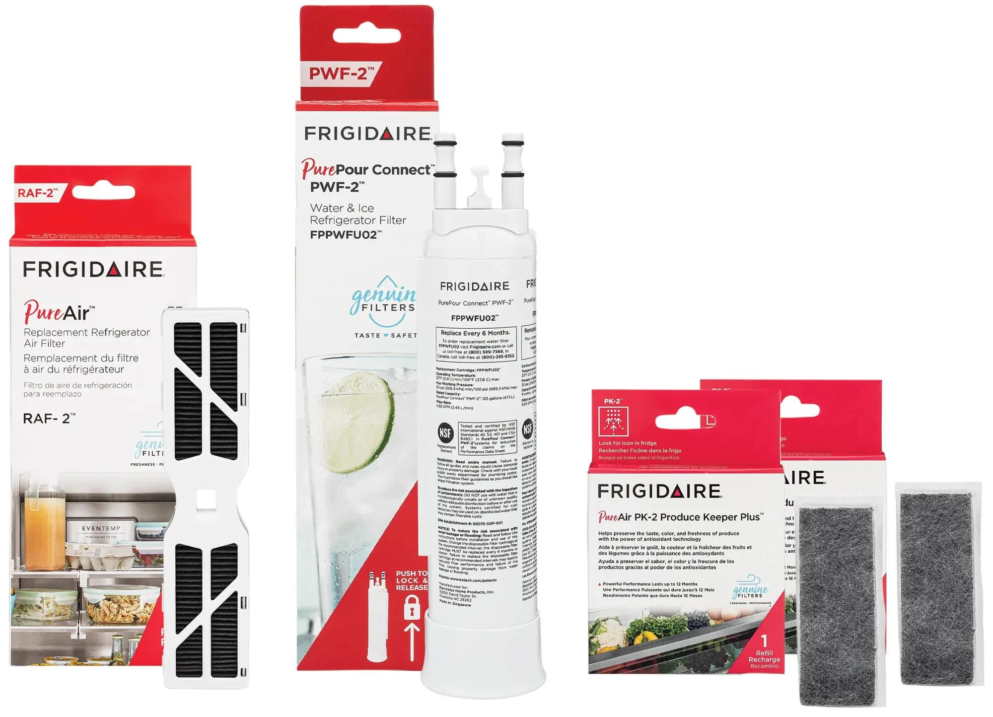FPPWFU02, FRGPAAF2, and (2) FRPAPK2RF Water and Air Filter Combo Kit with Produce Keeper Plus FRIGCOMBO8