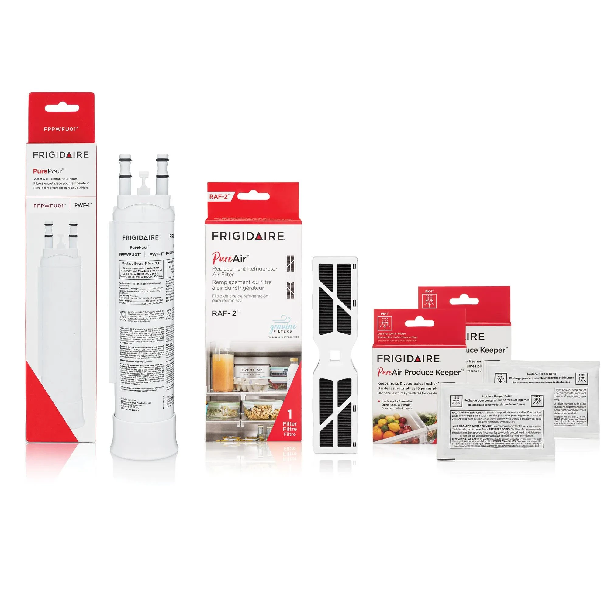 FPPWFU01, FRGPAAF2, and (2) FRPAPKRF Water and Air Filter Combo Kit with Produce Keeper FRIGCOMBO9
