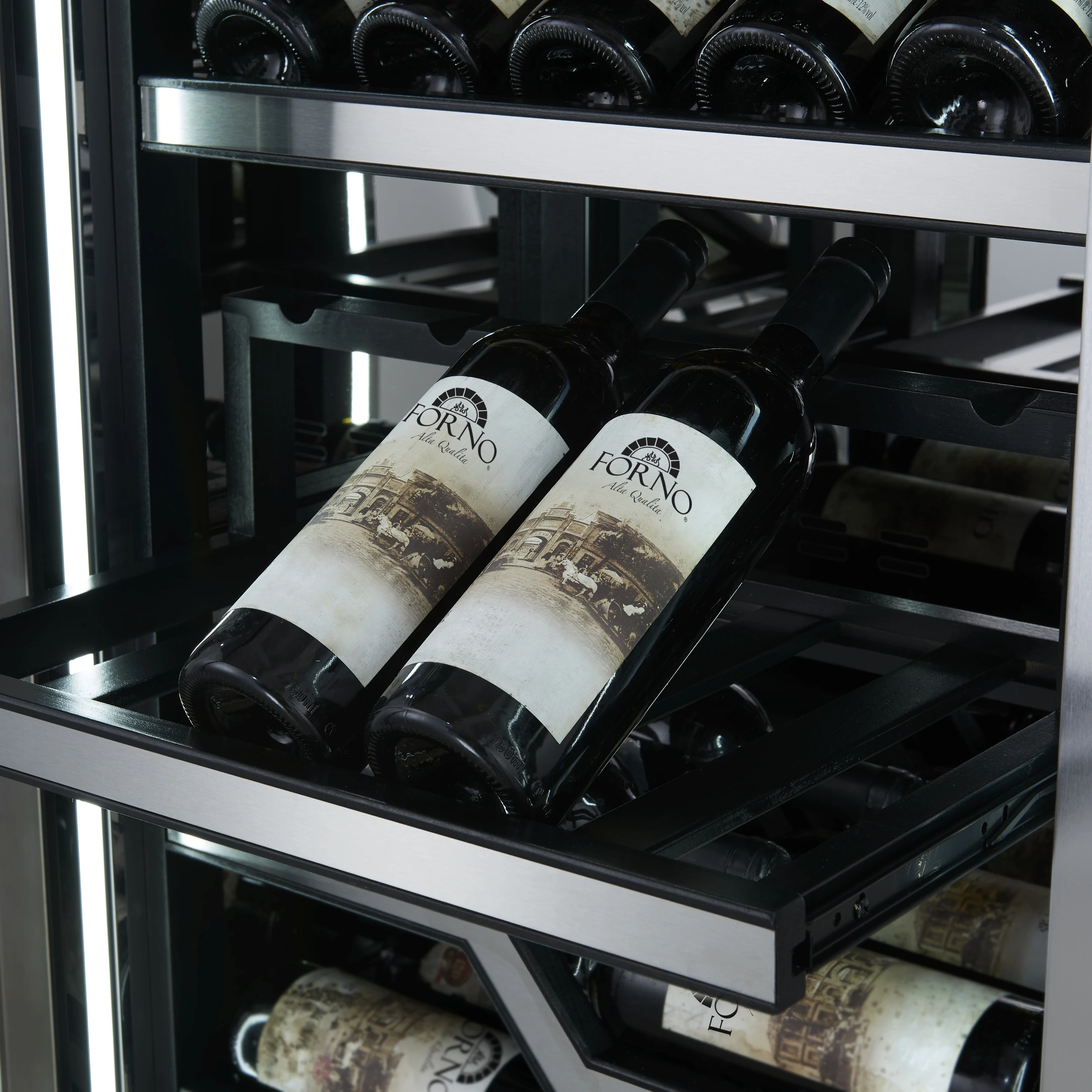 Abruzzo 48-Inch Dual Zone Wine Cellar, 102 Bottles, 24 cu. ft., Clear Acrylic Holders & Stainless Trim Shelves FWCDR661148S