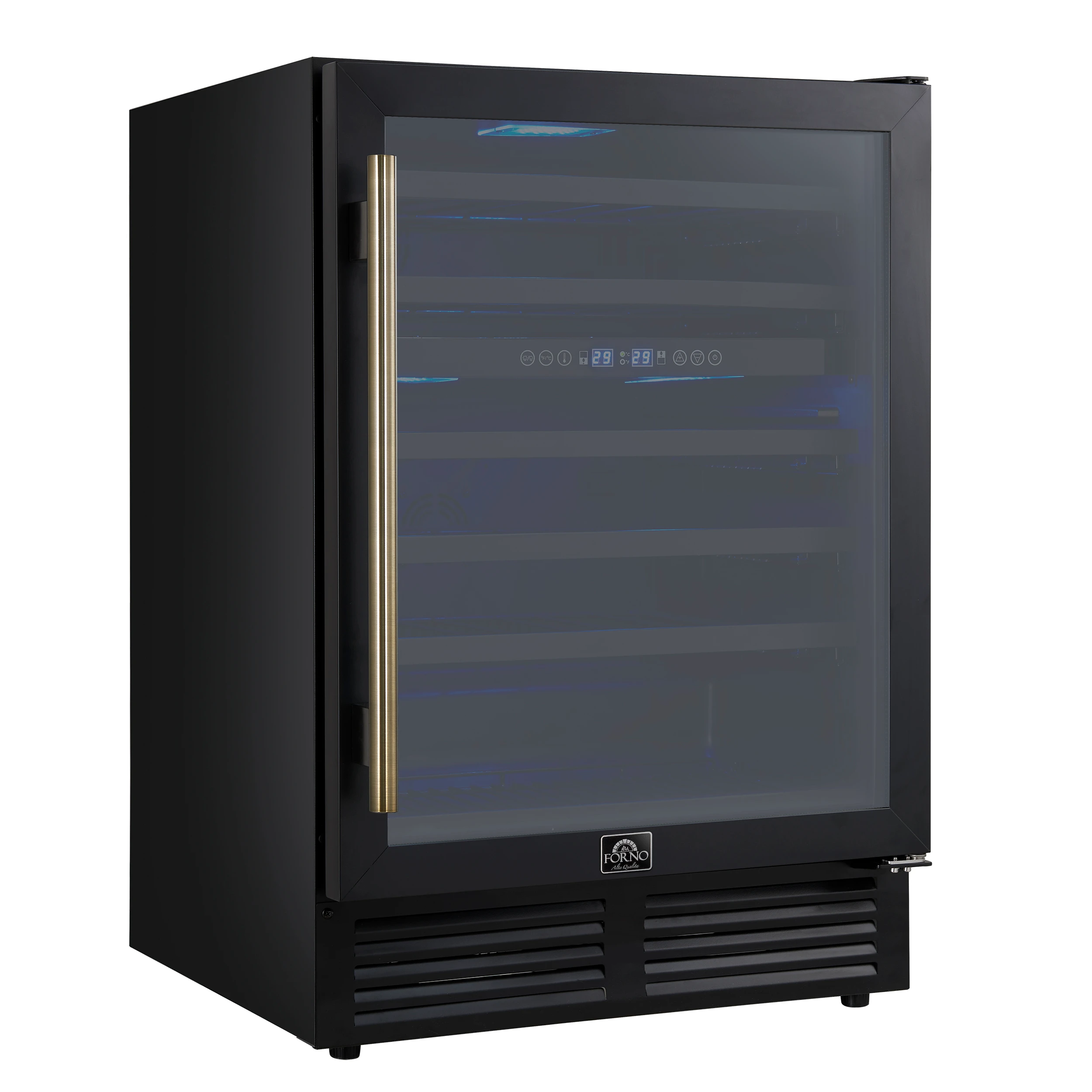 Bacchino 24 Inch Wine Cooler, Black with Antique Brass Handles, with LED Lighting, Triple Glass Door, 51 Bottle Capacity, Built-In or Freestanding FWCDR663424BLK