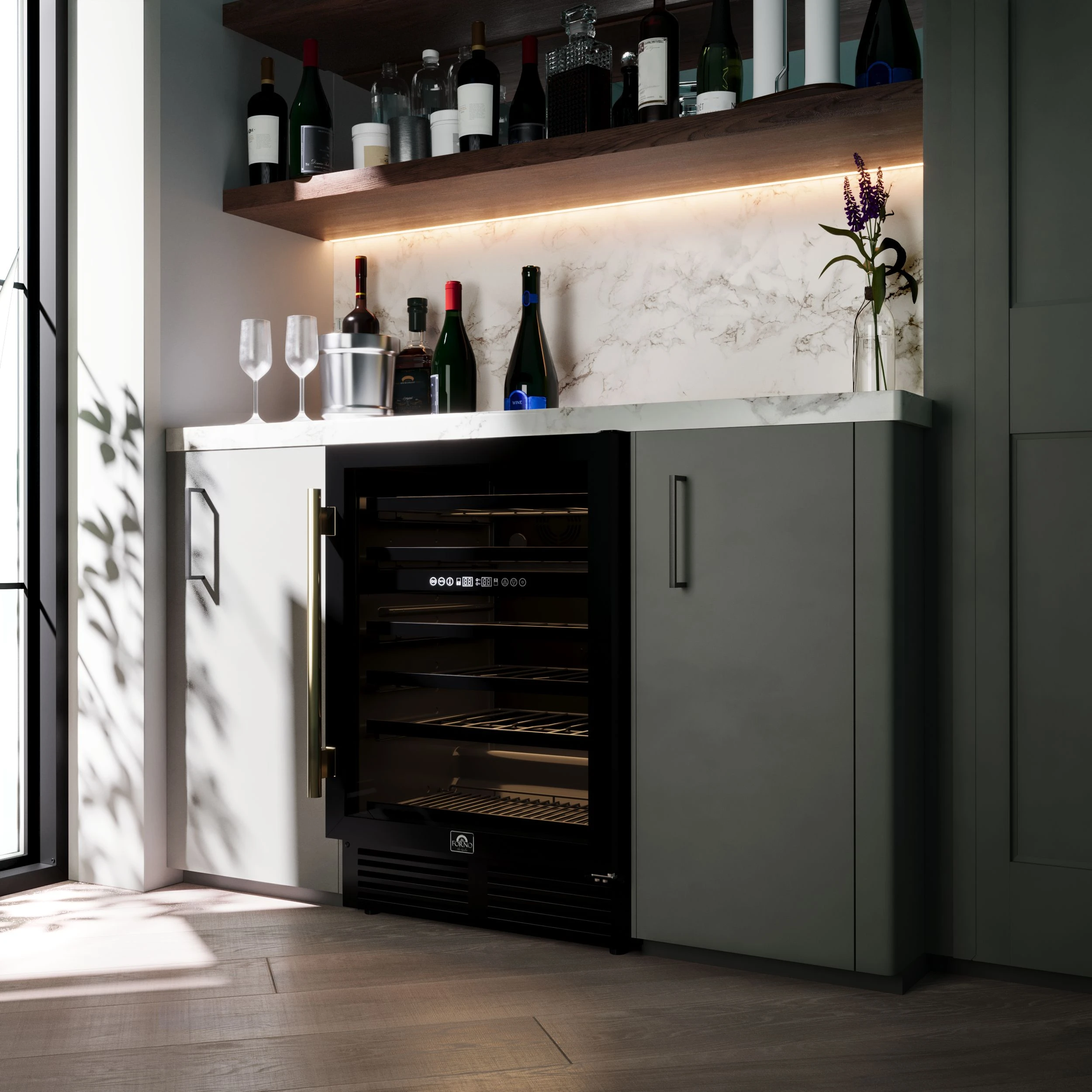 Bacchino 24 Inch Wine Cooler, Black with Antique Brass Handles, with LED Lighting, Triple Glass Door, 51 Bottle Capacity, Built-In or Freestanding FWCDR663424BLK