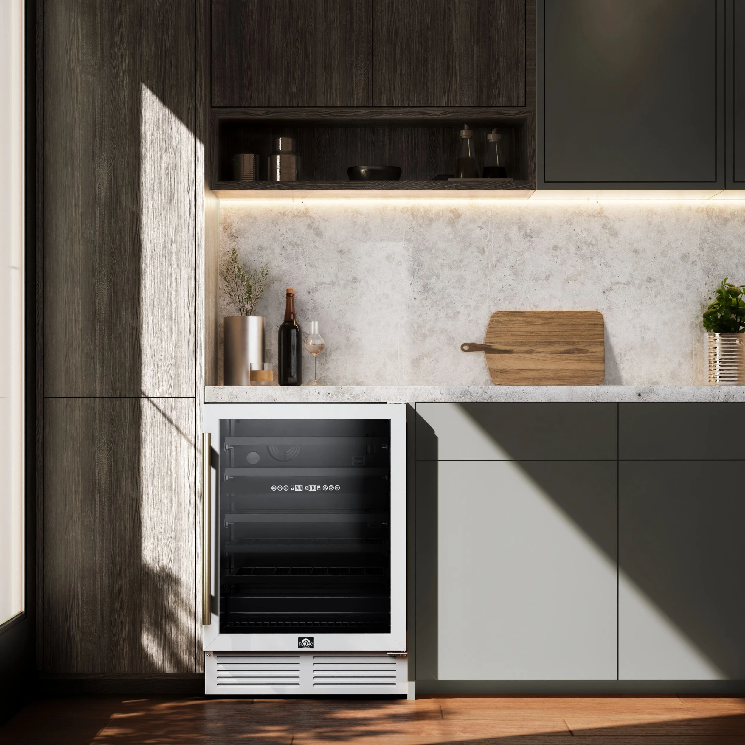 Bacchino 24 Inch Wine Cooler, with Antique Brass Handles, with LED Lighting, Triple Glass Door, 51 Bottle Capacity, Built-In or Freestanding FWCDR663424WHT