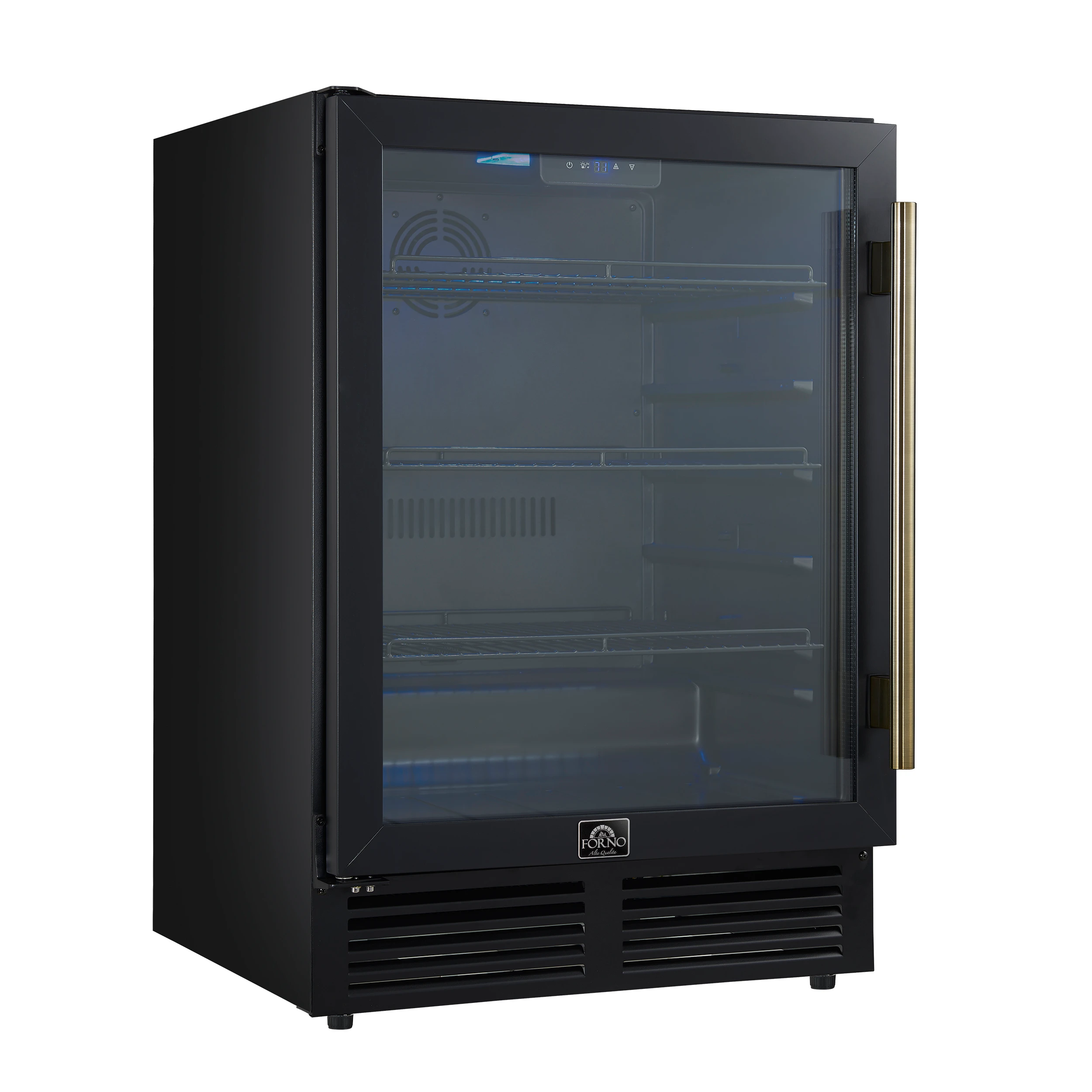 Frescolino 24 Inch Beverage Cooler, with Antique Brass Handles, with LED Lighting, Triple Glass Door, 188 Can Capacity, Built-In or Freestanding FWCDR666524BLK