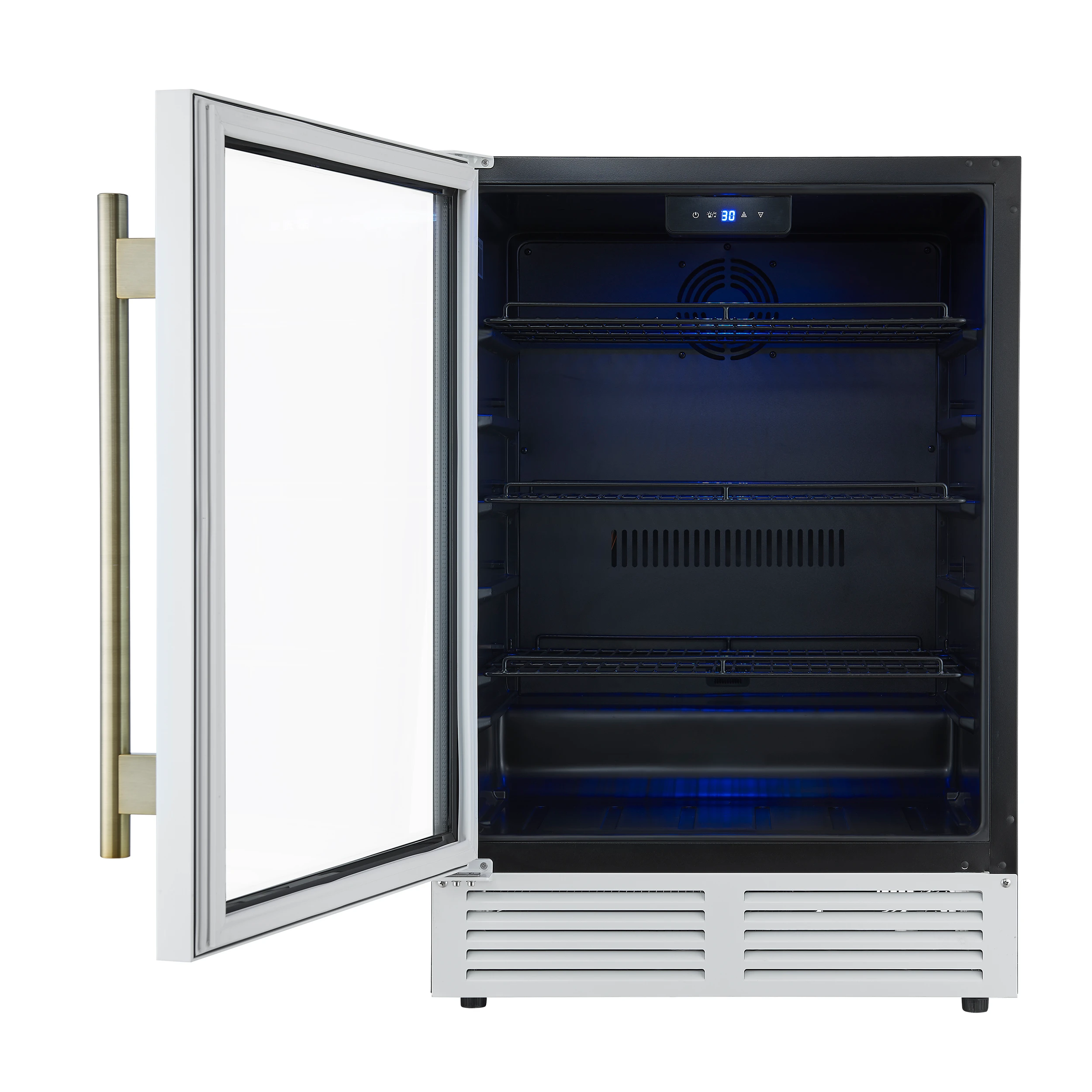 Frescolino 24 Inch Beverage Cooler, with Antique Brass Handles, with LED Lighting, Triple Glass Door, 188 Can Capacity, Built-In or Freestanding FWCDR666524WHT