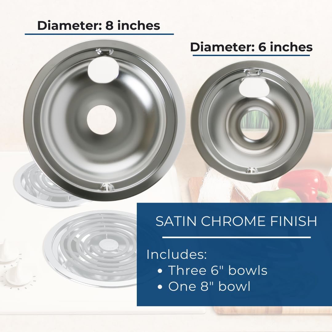Range 4-Piece Chrome Drip Pan Set – 4-Pack Includes 3 6" and 1 8" Pans GE3618CA