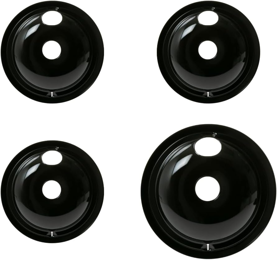 Range 4-Piece Porcelain Drip Pan Set – 4-Pack Includes 3 6" and 1 8" Pans GE3618PA
