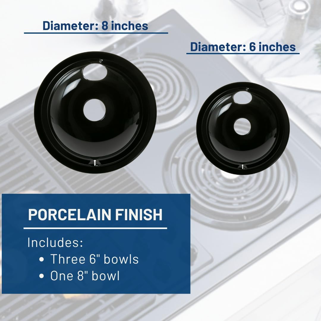 Range 4-Piece Porcelain Drip Pan Set – 4-Pack Includes 3 6" and 1 8" Pans GE3618PA