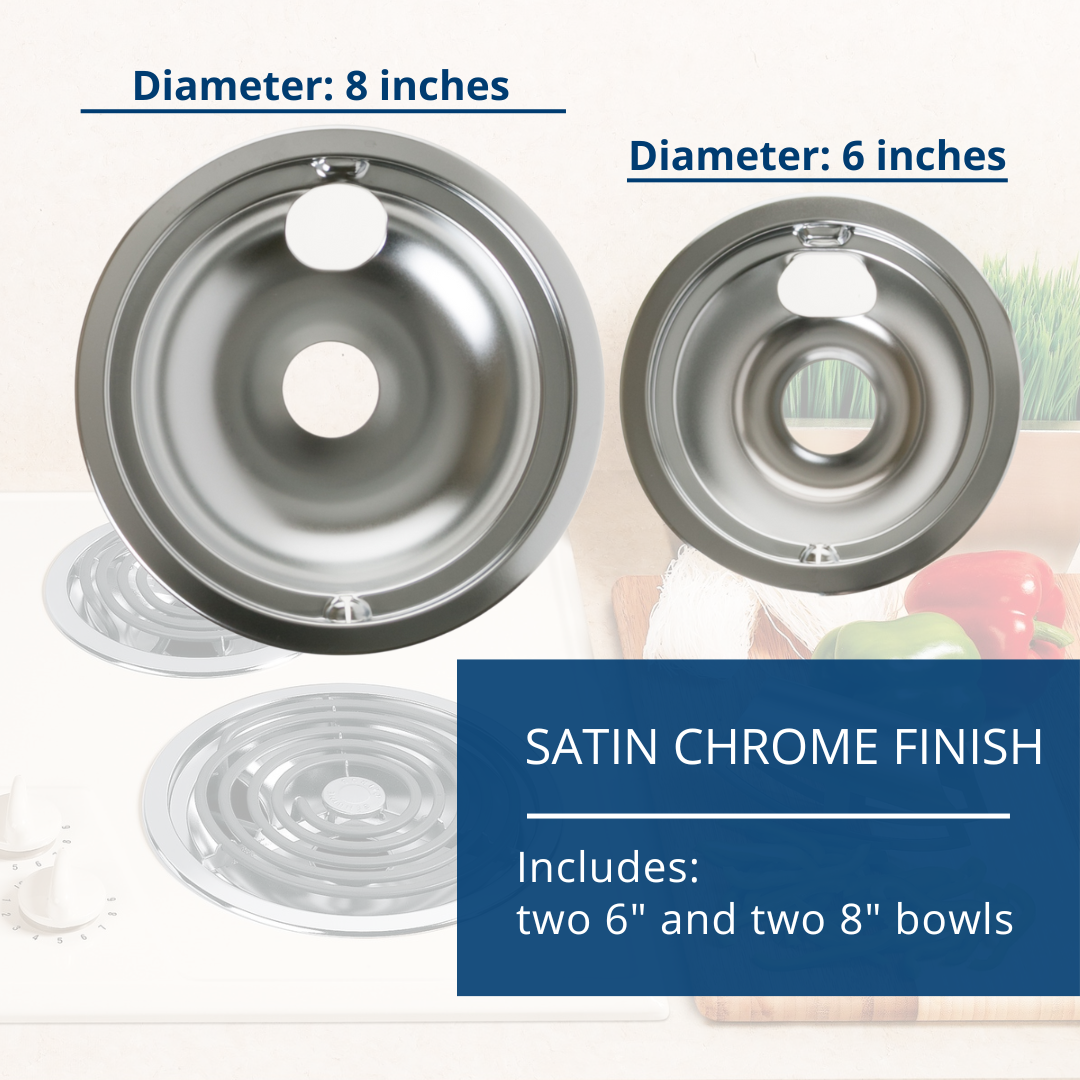 Range 4-Piece Drip Pan Set | 6" & 8" Chrome Replacement Bowls GE68CA