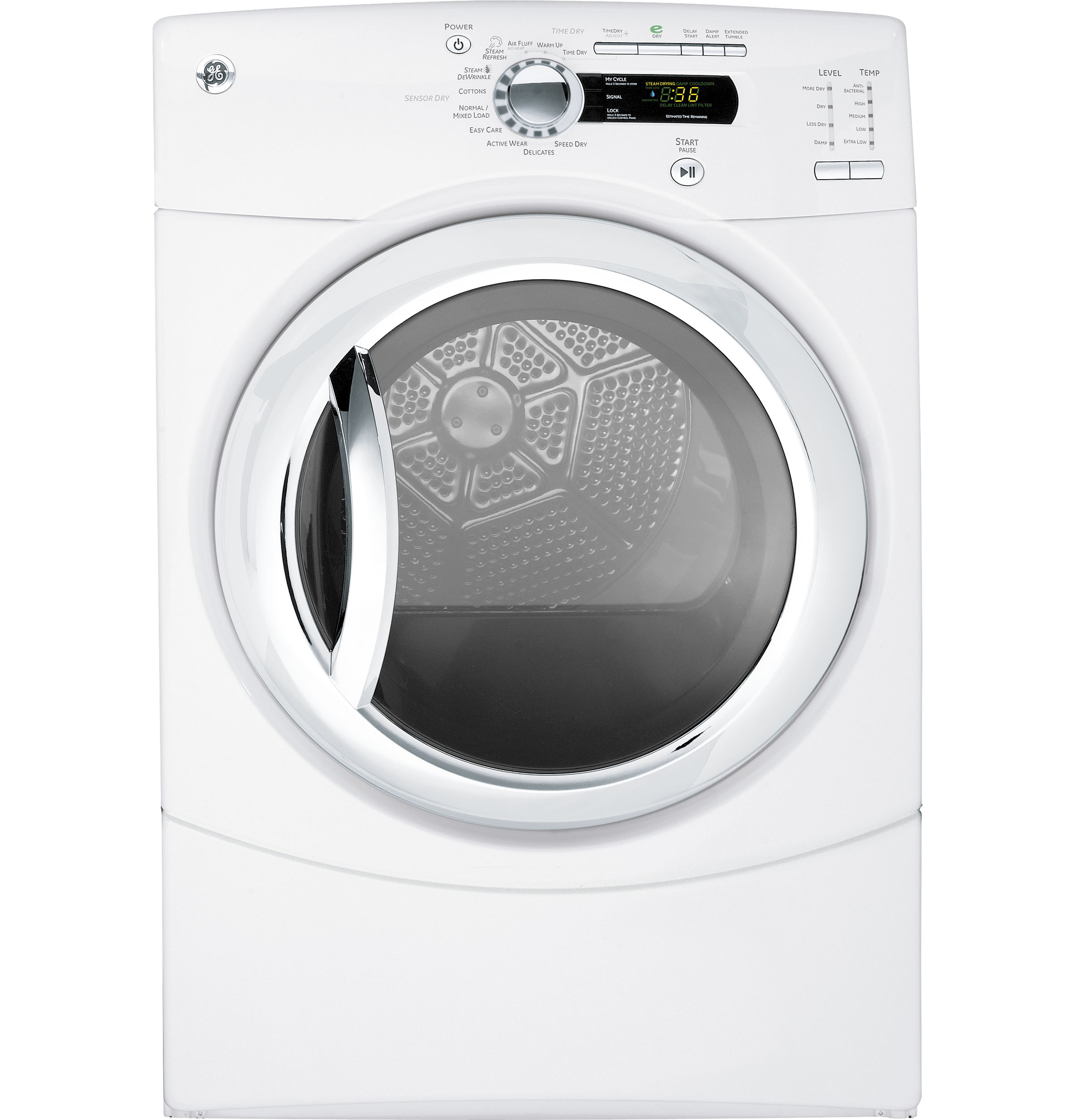7.5 cu. ft. stainless steel capacity frontload dryer with Steam GFDS350ELWW