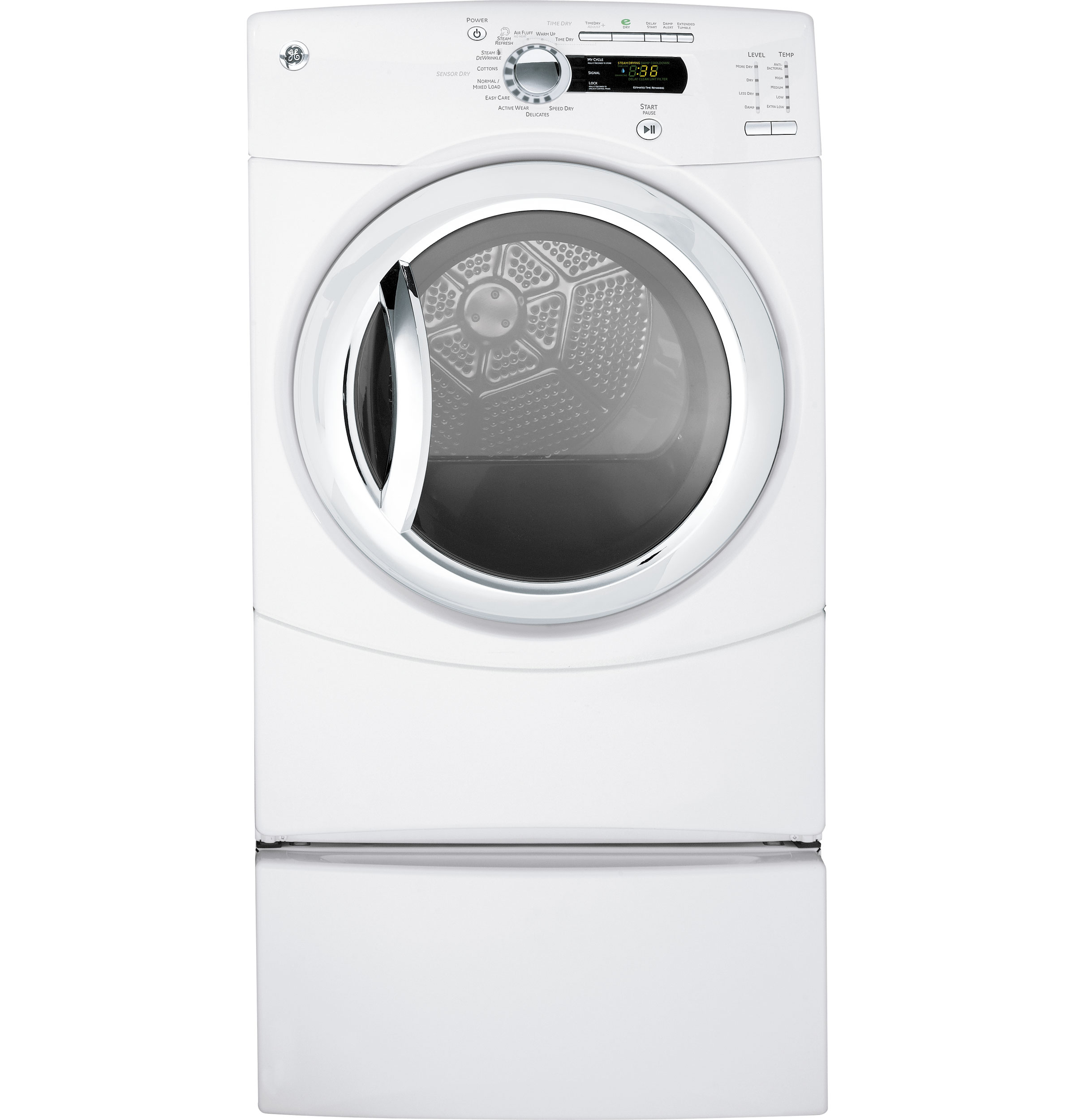 7.5 cu. ft. stainless steel capacity frontload dryer with Steam GFDS350ELWW, product image 2 of 8