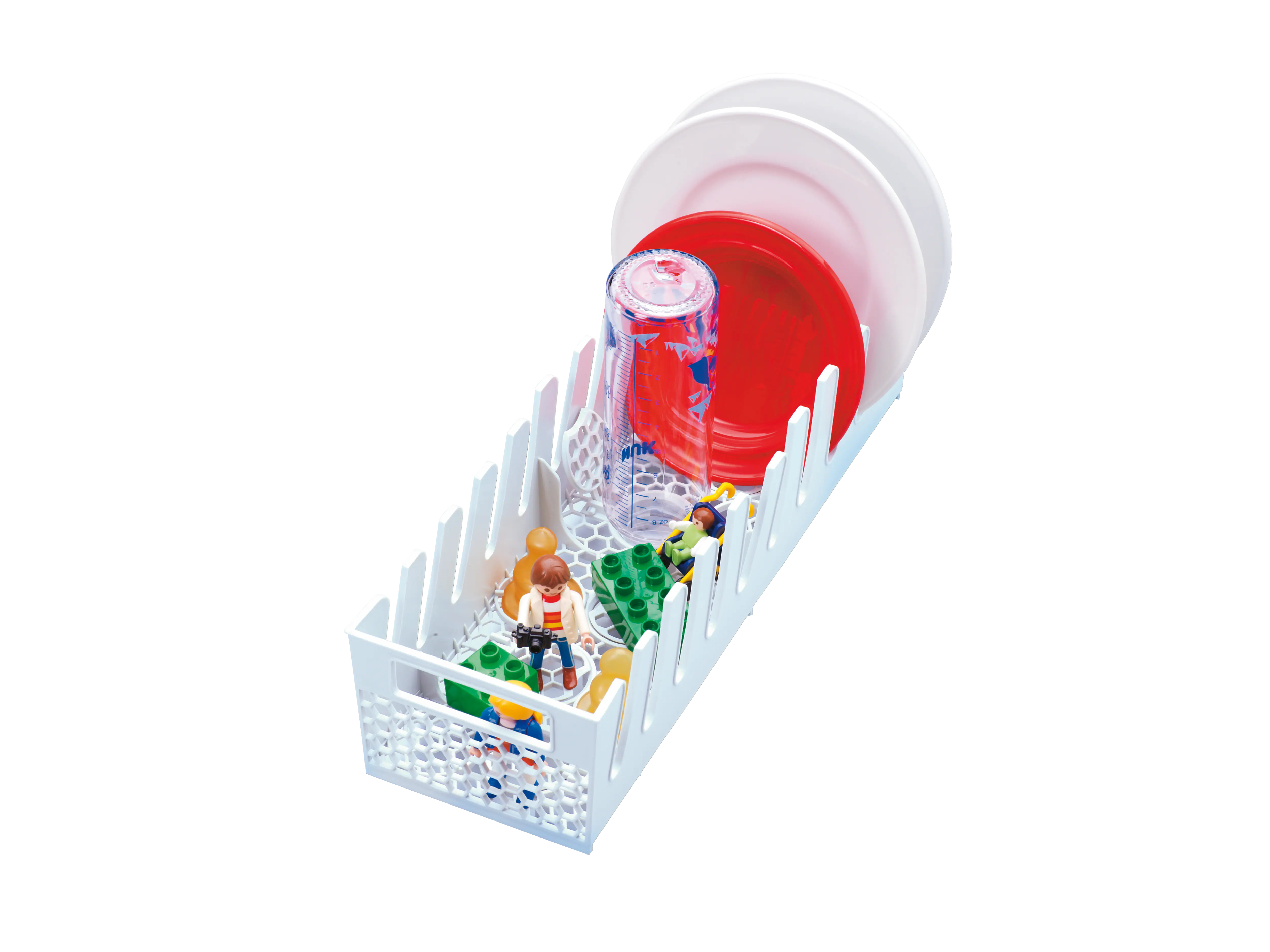 Multi‑purpose dishwasher basket with separate areas for baby bottles and small items. GMFO