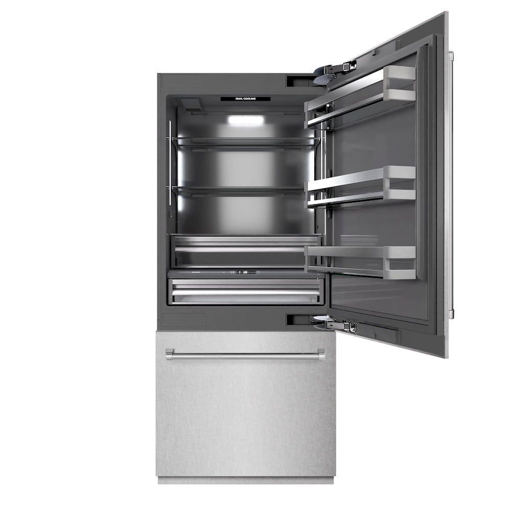 36 In. 19.8 Cu. Ft. Built-in Bottom Freezer Refrigerator With Water Dispenser And Ice Maker In Satin Stainless Steel With Graphite Gray Interior GRBITSN36