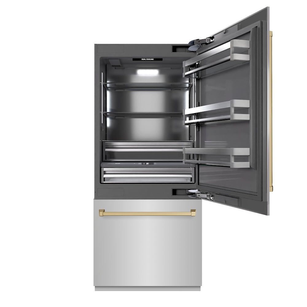 Autograph Edition 36 In. 19.8 Cu. Ft. Built-in Bottom Freezer Refrigerator With Water Dispenser And Ice Maker In Stainless Steel With Graphite Gray Interior And Champagne Bronze Accents GRBIT