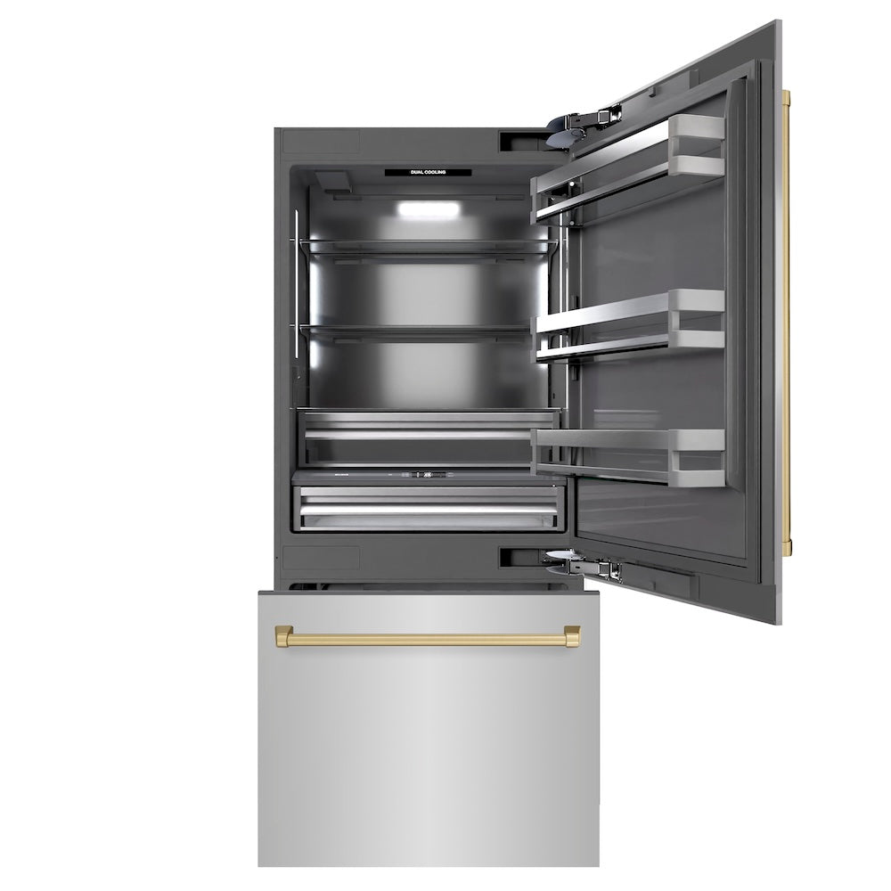 Autograph Edition 36 In. 19.8 Cu. Ft. Built-in Bottom Freezer Refrigerator With Water Dispenser And Ice Maker In Stainless Steel With Graphite Gray Interior And Champagne Bronze Accents GRBITZ30436CB