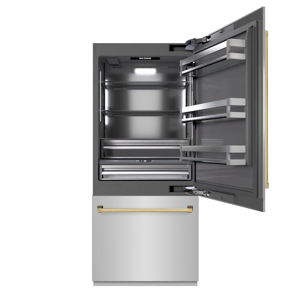 ZLINE Autograph Edition 36 in. 19.8 cu. ft. Built-In Bottom Freezer Refrigerator with Water Dispenser and Ice Maker in Stainless Steel with Graphite Gray Interior and Polished Gold Accents (G GRBITZ30436G