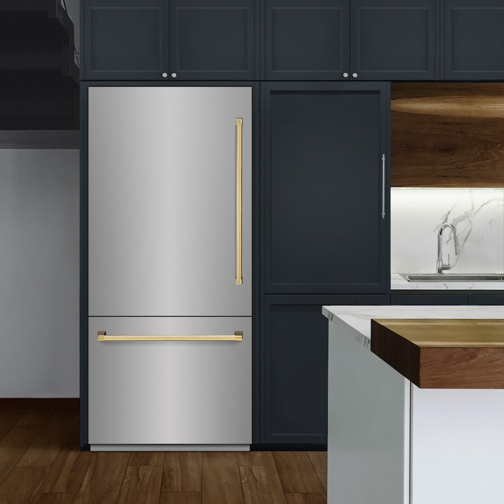 ZLINE Autograph Edition 36 in. 19.8 cu. ft. Built-In Bottom Freezer Refrigerator with Water Dispenser and Ice Maker in Stainless Steel with Graphite Gray Interior and Polished Gold Accents (G GRBITZ30436G