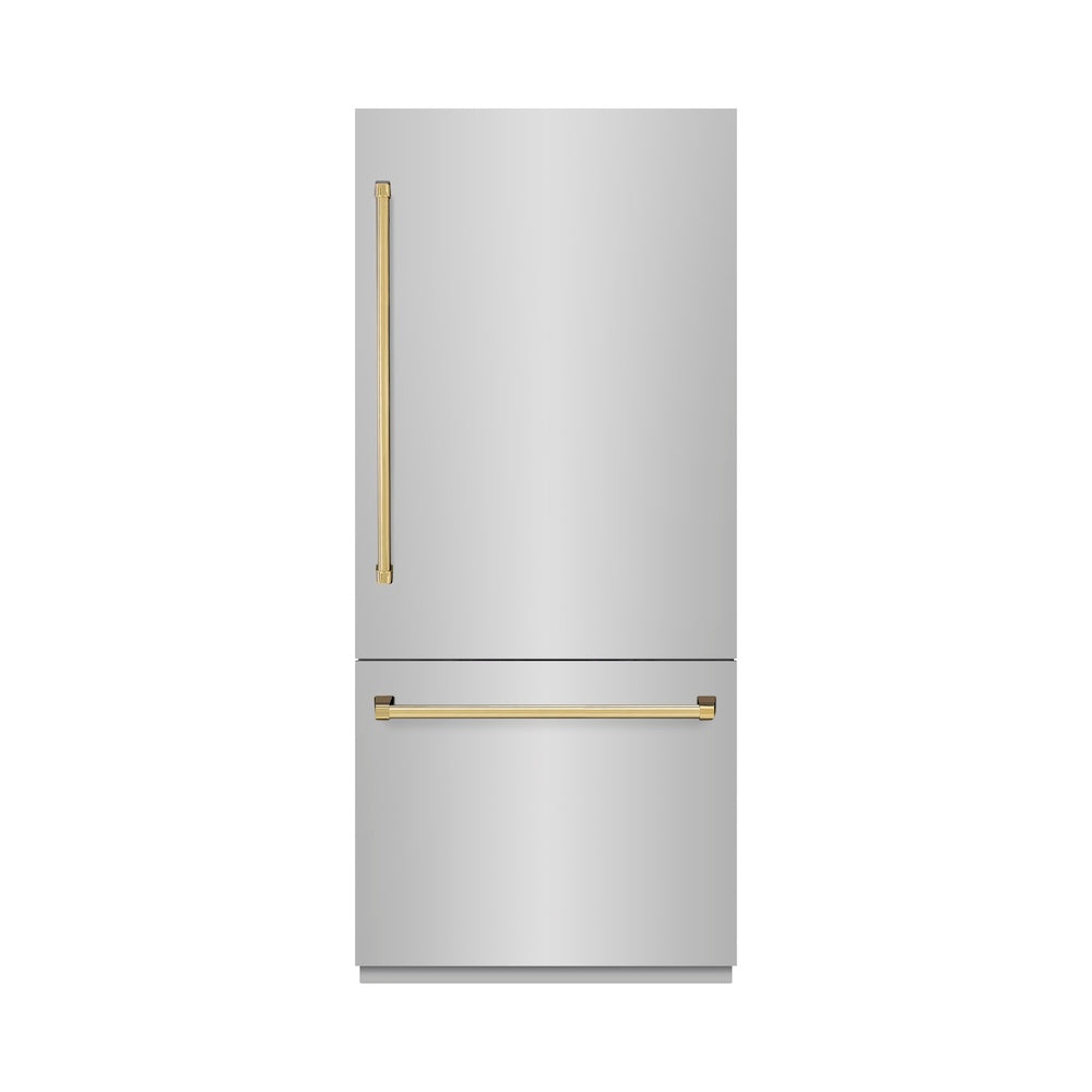 ZLINE Autograph Edition 36 in. 19.8 cu. ft. Built-In Bottom Freezer Refrigerator with Water Dispenser and Ice Maker in Stainless Steel with Graphite Gray Interior and Polished Gold Accents (G GRBITZ30436G