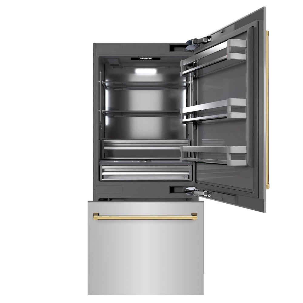 ZLINE Autograph Edition 36 in. 19.8 cu. ft. Built-In Bottom Freezer Refrigerator with Water Dispenser and Ice Maker in Stainless Steel with Graphite Gray Interior and Polished Gold Accents (G GRBITZ30436G