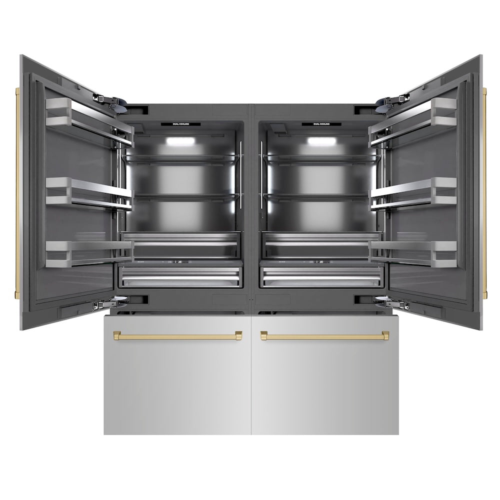 Autograph Edition 72 In. 39.6 Cu. Ft. French Door Built-in Bottom Freezer Refrigerator With Water Dispensers And Ice Makers In Stainless Steel With Graphite Gray Interior And Champagne Bronze