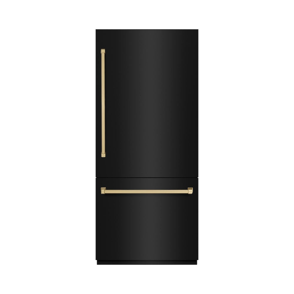 Autograph Edition 36 In. 19.8 Cu. Ft. Built-in Bottom Freezer Refrigerator With Water Dispenser And Ice Maker In Black Stainless Steel With Graphite Gray Interior And Champagne Bronze Accents GRBITZBS36CB