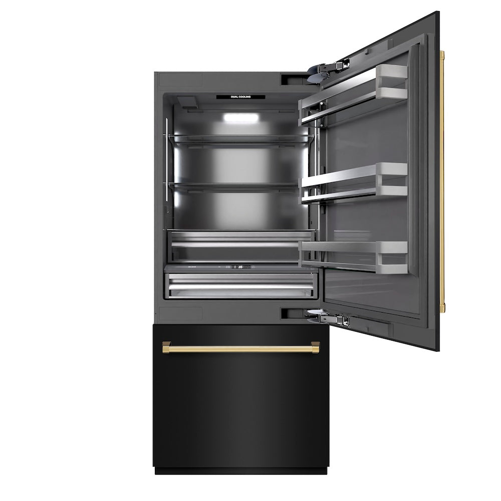 Autograph Edition 36 In. 19.8 Cu. Ft. Built-in Bottom Freezer Refrigerator With Water Dispenser And Ice Maker In Black Stainless Steel With Graphite Gray Interior And Polished Gold Accents GR