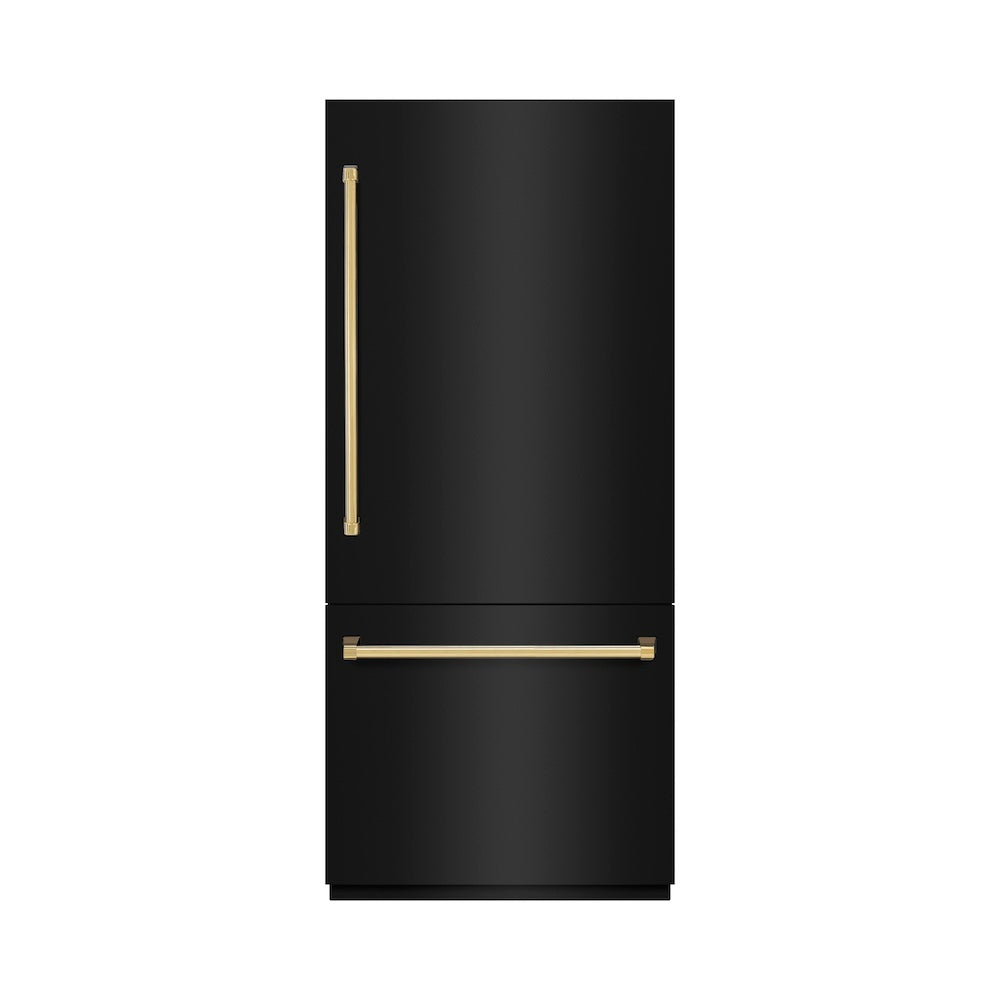 Autograph Edition 36 In. 19.8 Cu. Ft. Built-in Bottom Freezer Refrigerator With Water Dispenser And Ice Maker In Black Stainless Steel With Graphite Gray Interior And Polished Gold Accents GRBITZBS36G