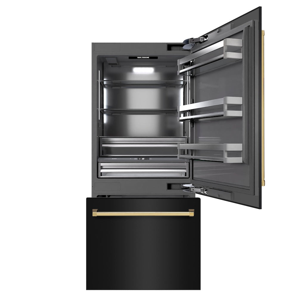 Autograph Edition 36 In. 19.8 Cu. Ft. Built-in Bottom Freezer Refrigerator With Water Dispenser And Ice Maker In Black Stainless Steel With Graphite Gray Interior And Polished Gold Accents GRBITZBS36G