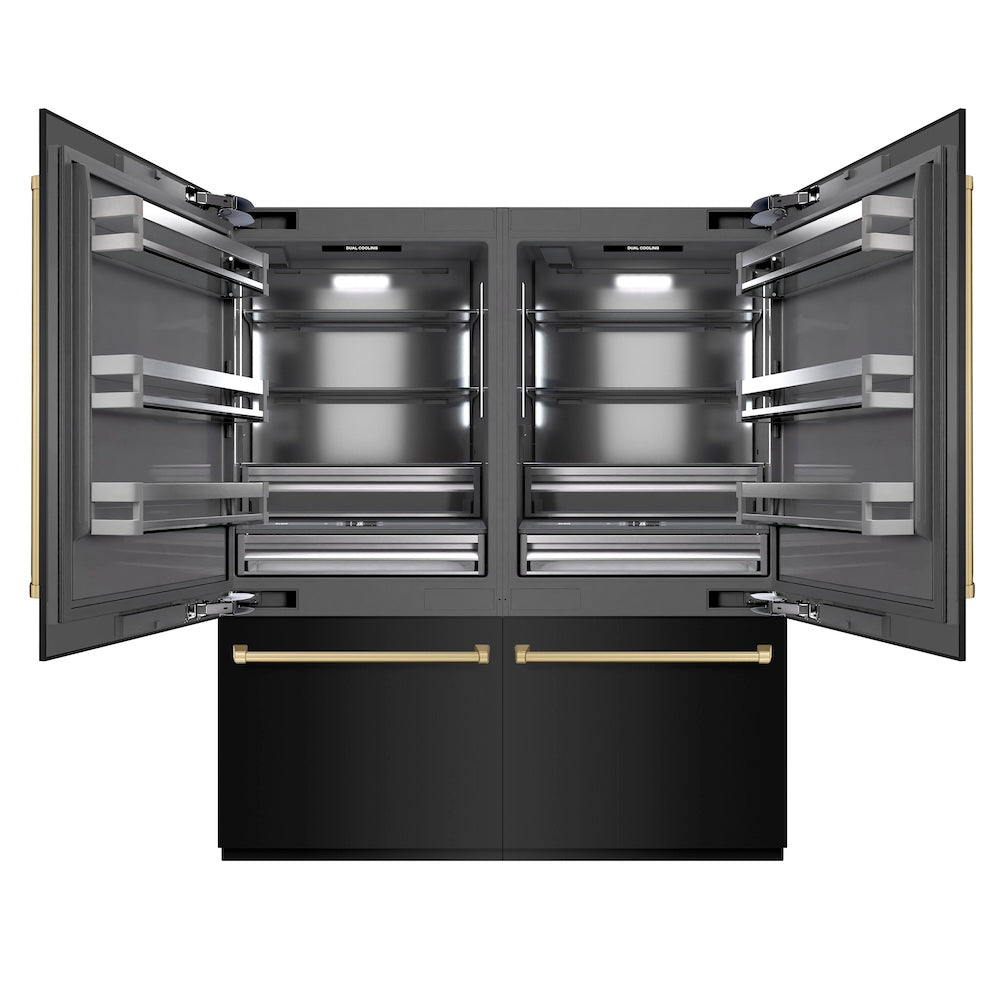 Autograph Edition 72 In. 39.6 Cu. Ft. French Door Built-in Bottom Freezer Refrigerator With Water Dispensers And Ice Makers In Black Stainless Steel With Graphite Gray Interior And Champagne 