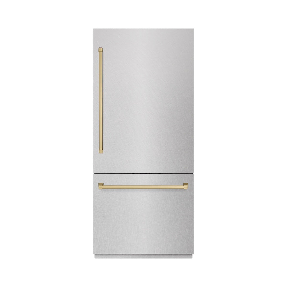 Autograph Edition 36 In. 19.8 Cu. Ft. Built-in Bottom Freezer Refrigerator With Water Dispenser And Ice Maker In Satin Stainless Steel With Graphite Gray Interior And Champagne Bronze Accents