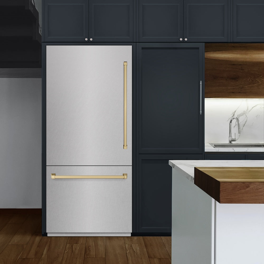 Autograph Edition 36 In. 19.8 Cu. Ft. Built-in Bottom Freezer Refrigerator With Water Dispenser And Ice Maker In Satin Stainless Steel With Graphite Gray Interior And Champagne Bronze Accents GRBITZSN36CB