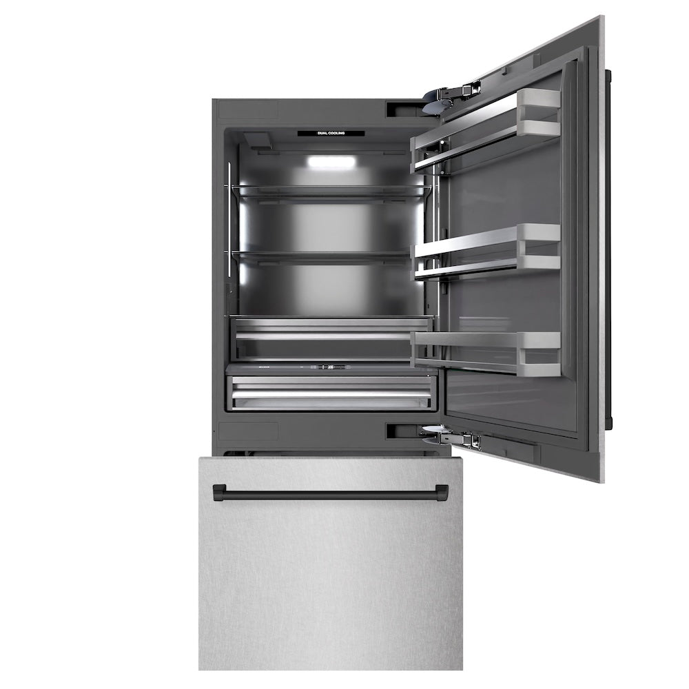 Autograph Edition 36 In. 19.8 Cu. Ft. Built-in Bottom Freezer Refrigerator With Water Dispenser And Ice Maker In Satin Stainless Steel With Graphite Gray Interior And Matte Black Accents GRBITZSN36MB