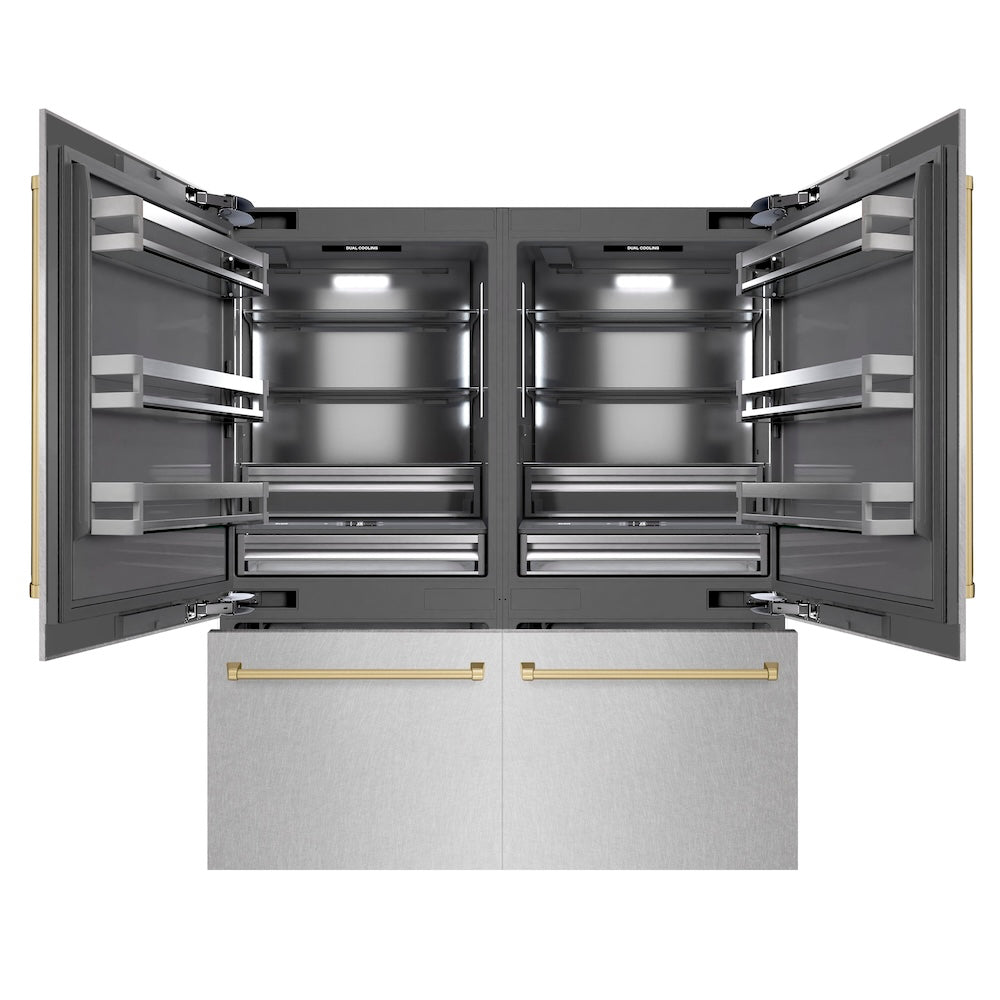 Autograph Edition 72 In. 39.6 Cu. Ft. French Door Built-in Bottom Freezer Refrigerator With Water Dispensers And Ice Makers In Satin Stainless Steel With Graphite Gray Interior And Champagne  GRBITZSN72CB