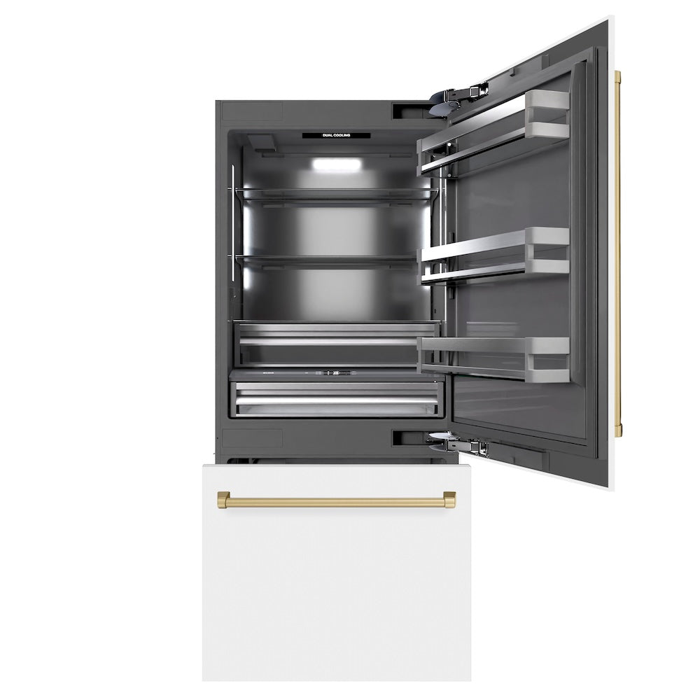 Autograph Edition 36 In. 19.8 Cu. Ft. Built-in Bottom Freezer Refrigerator With Water Dispenser And Ice Maker In White Matte With Graphite Gray Interior And Champagne Bronze Accents GRBITZWM3