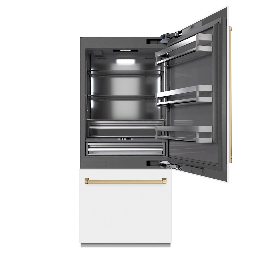 Autograph Edition 36 In. 19.8 Cu. Ft. Built-in Bottom Freezer Refrigerator With Water Dispenser And Ice Maker In White Matte With Graphite Gray Interior And Champagne Bronze Accents GRBITZWM36CB