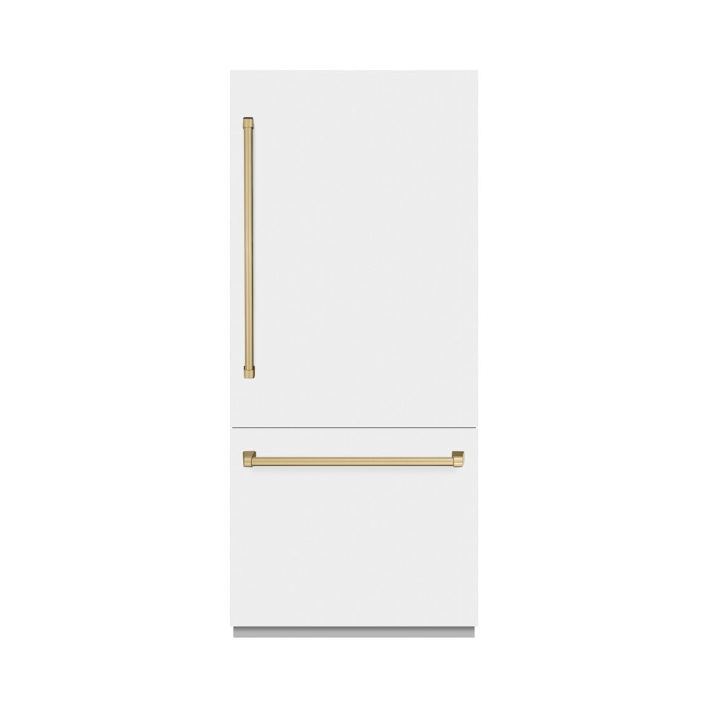 Autograph Edition 36 In. 19.8 Cu. Ft. Built-in Bottom Freezer Refrigerator With Water Dispenser And Ice Maker In White Matte With Graphite Gray Interior And Champagne Bronze Accents GRBITZWM36CB