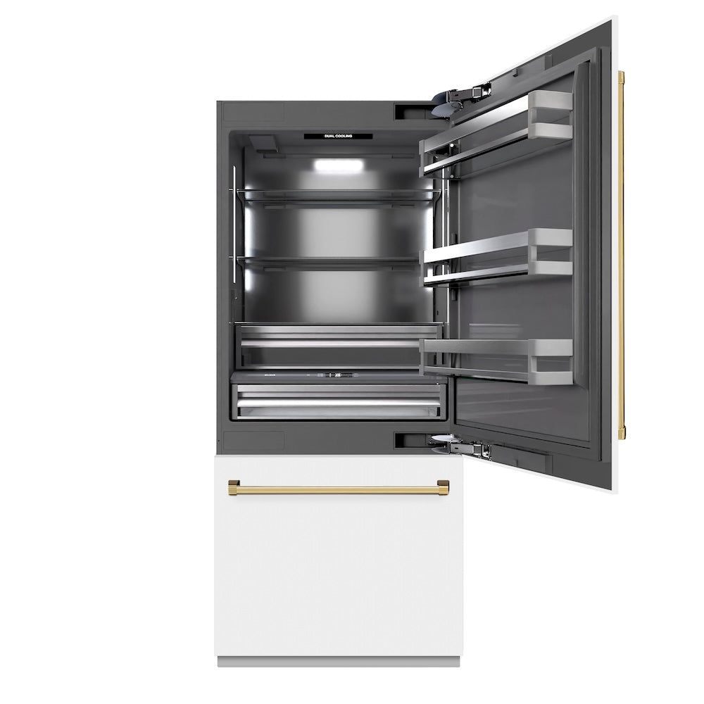 Autograph Edition 36 In. 19.8 Cu. Ft. Built-in Bottom Freezer Refrigerator With Water Dispenser And Ice Maker In White Matte With Graphite Gray Interior And Polished Gold Accents GRBITZWM36G