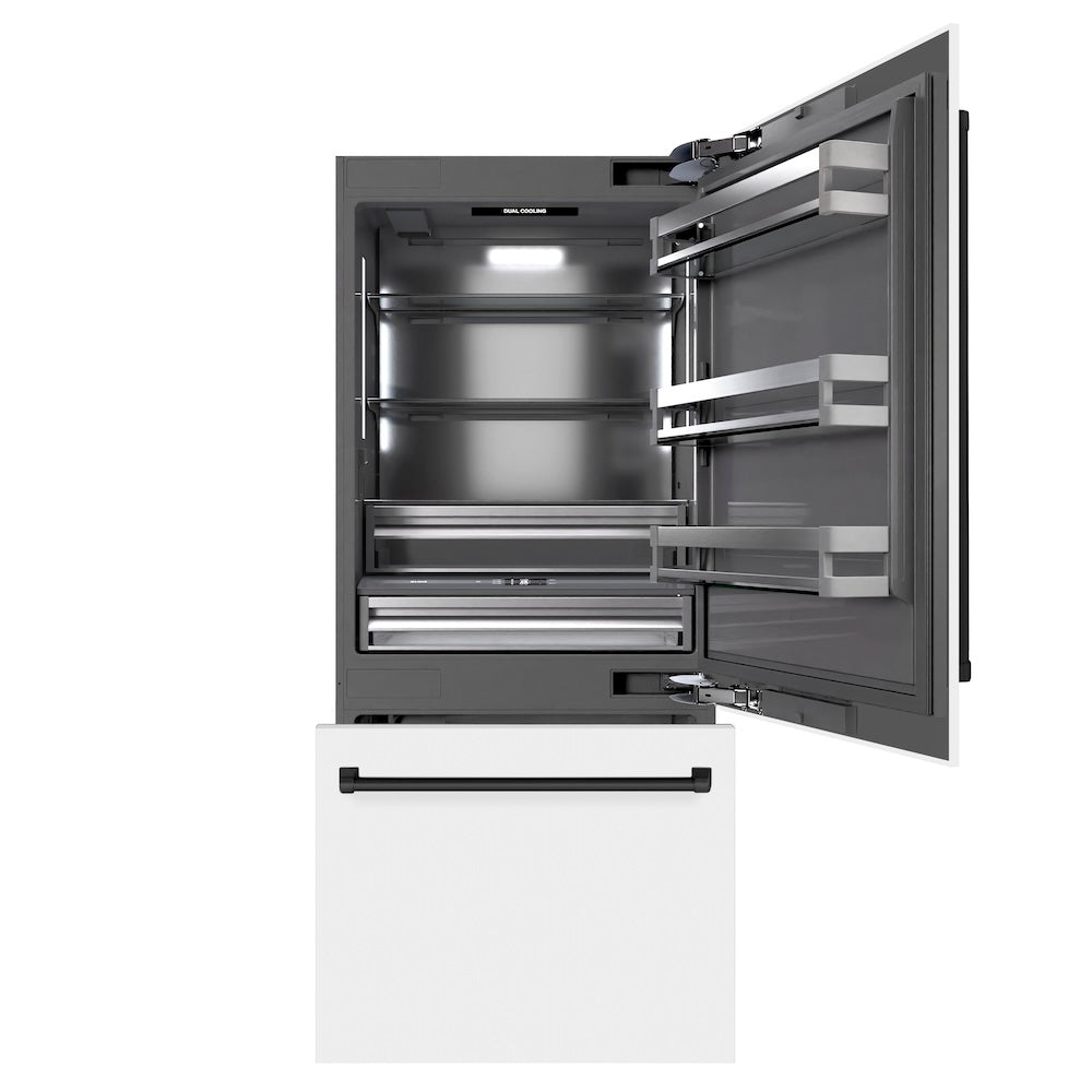 Autograph Edition 36 In. 19.8 Cu. Ft. Built-in Bottom Freezer Refrigerator With Water Dispenser And Ice Maker In White Matte With Graphite Gray Interior And Matte Black Accents GRBITZWM36MB
