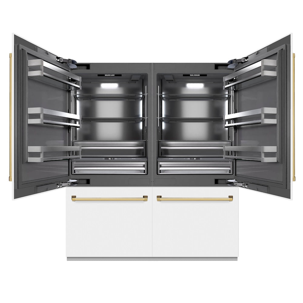 Autograph Edition 72 In. 39.6 Cu. Ft. French Door Built-in Bottom Freezer Refrigerator With Water Dispensers And Ice Makers In White Matte With Graphite Gray Interior And Polished Gold Accent