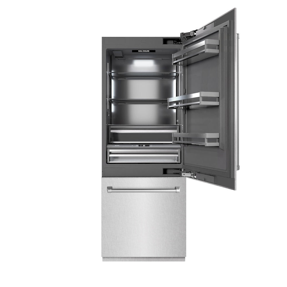 30 In. 16.1 Cu. Ft. Built-in Bottom Freezer Refrigerator With Water Dispenser And Ice Maker In Satin Stainless Steel With Graphite Gray Interior GRBIVSN30