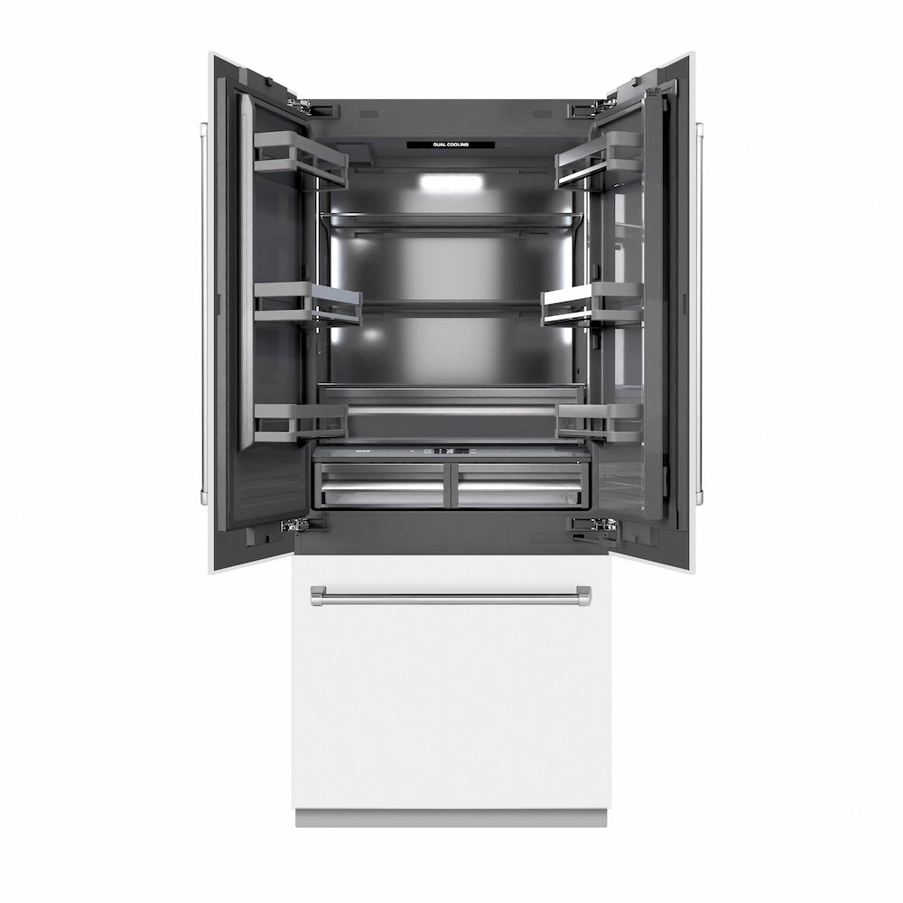 36 In. 19.6 Cu. Ft. French Door Built-in Bottom Freezer Refrigerator With Water Dispenser And Ice Maker In White Matte With Graphite Gray Interior GRBIVWM36